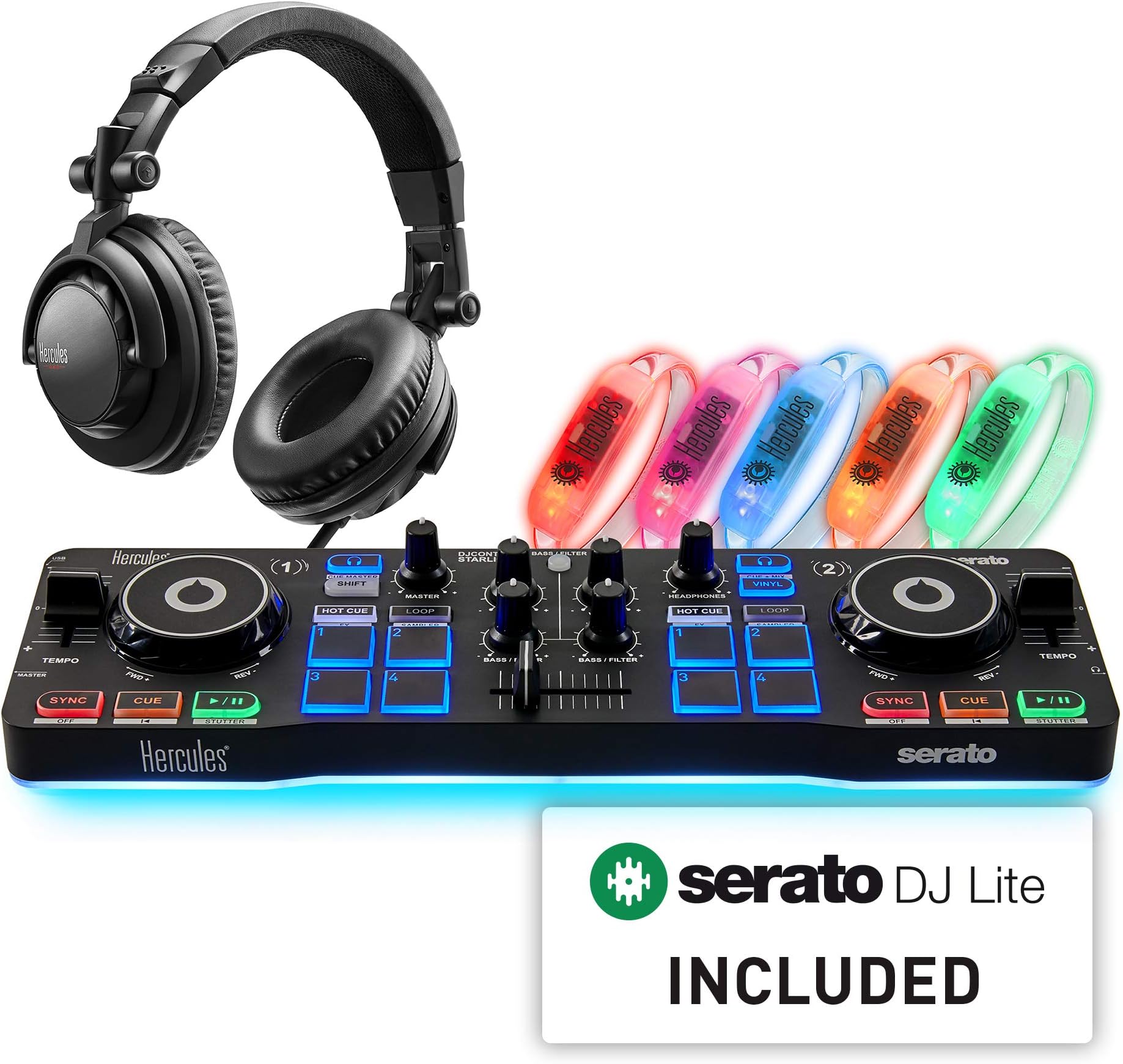 Hercules DJ Party Set - Ultra Compact 2 Deck DJControl Starlight - HDP DJ45 headphones - LED Wristbands