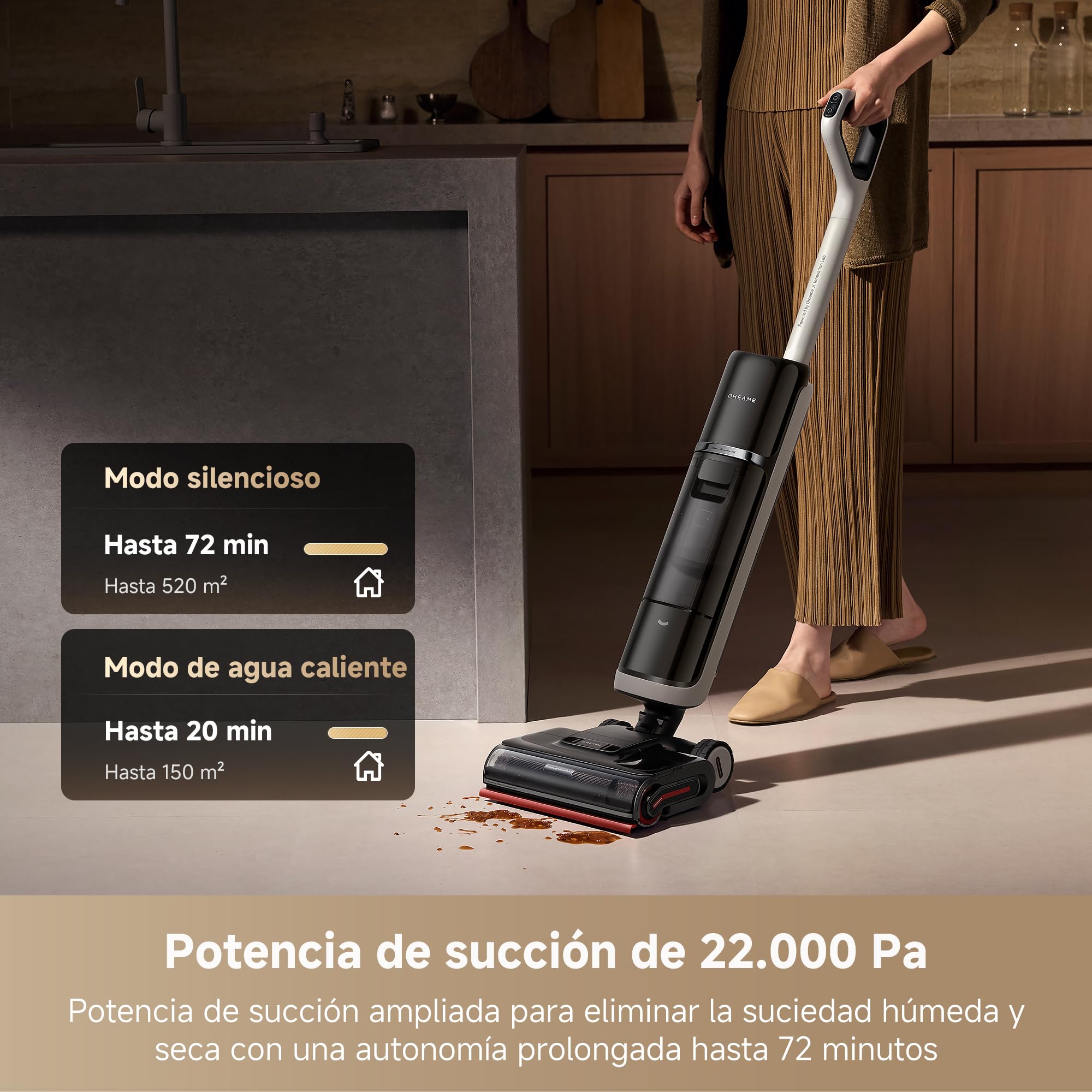 DREAME H15 Pro Heat Aspirador en Seco y Húmedo, Limpia con Agua a 85 °C, Brazo Robot GapFree IA, 0 Enredos, Detecta por RGB, 22000 Pa, Lava el Cepillo a 100 °C, Seca a 90 °C en 5 min, con App
