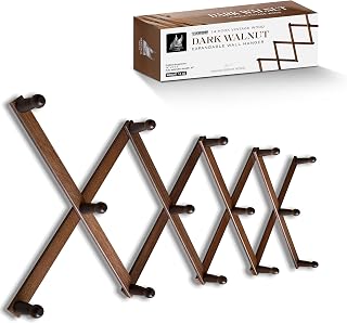 Expandable Wooden Coat Rack Hanger – Accordion Wall Mounted Pine Wood Hooks – Hand Made Vintage Expending Pegs – Hang Coat, Jacket, Hat, Leash, Towel, Mug, Bag – 14 Hook Dark Walnut