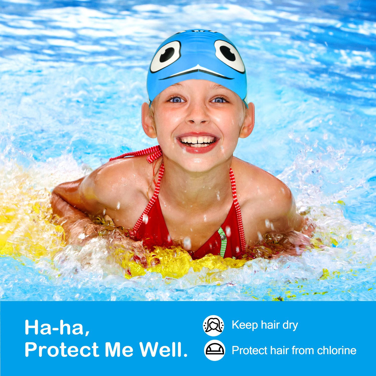 MoKo Swimming Cap for Kids, Cute Waterproof Soft Silicone Swim Cap Cartoon Style High Elastic Swimming Hat for Boys & Girls Bathing Cap for Children - Blue Fish 3