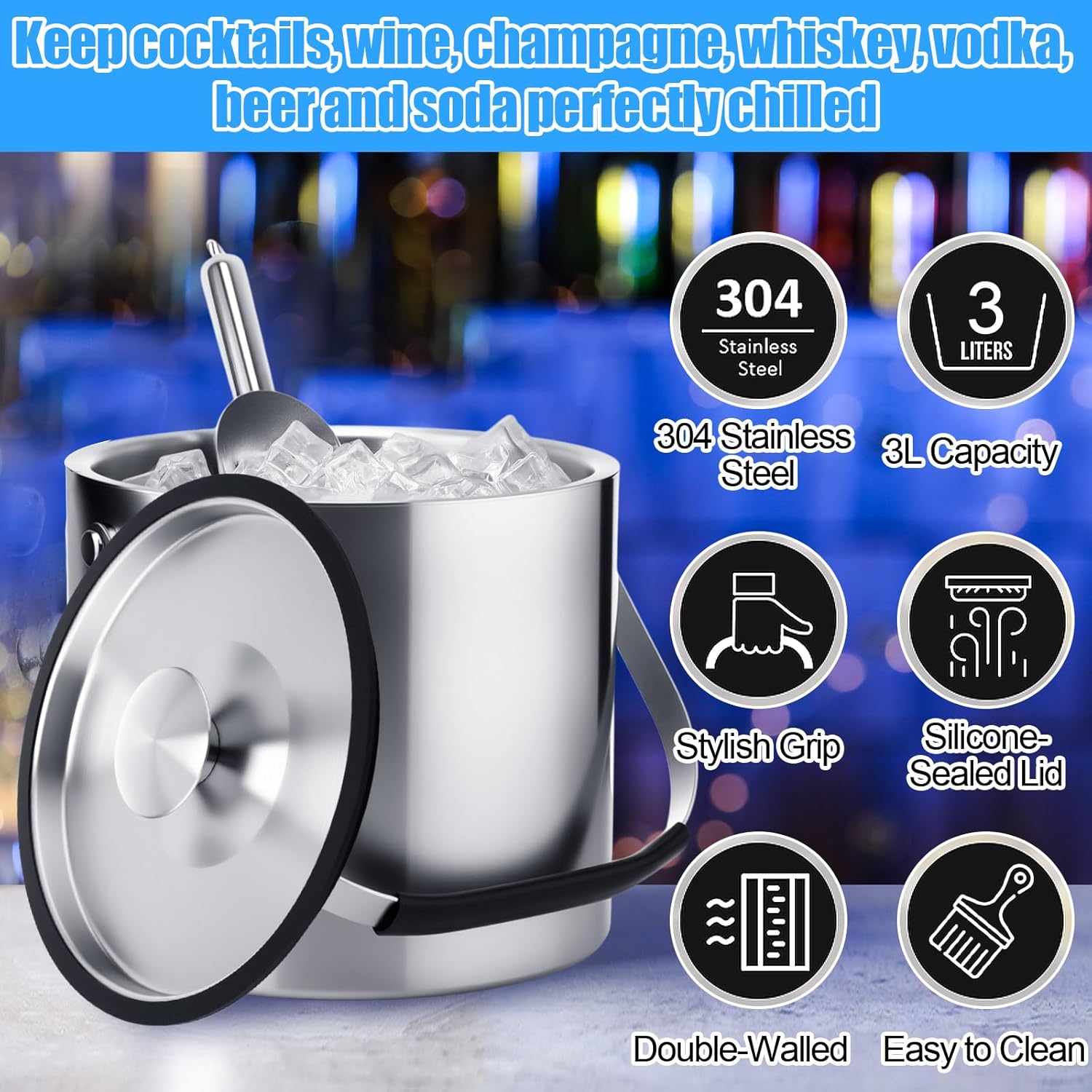 meekoo 3 L Double Wall Insulated Stainless Steel Ice Bucket with Lid, Scoop, Strainer, Handle Large Wine Ice Bucket Upgraded Cover Keep Frozen Longer for Cocktail Bar Parties(Silver) - Image 4
