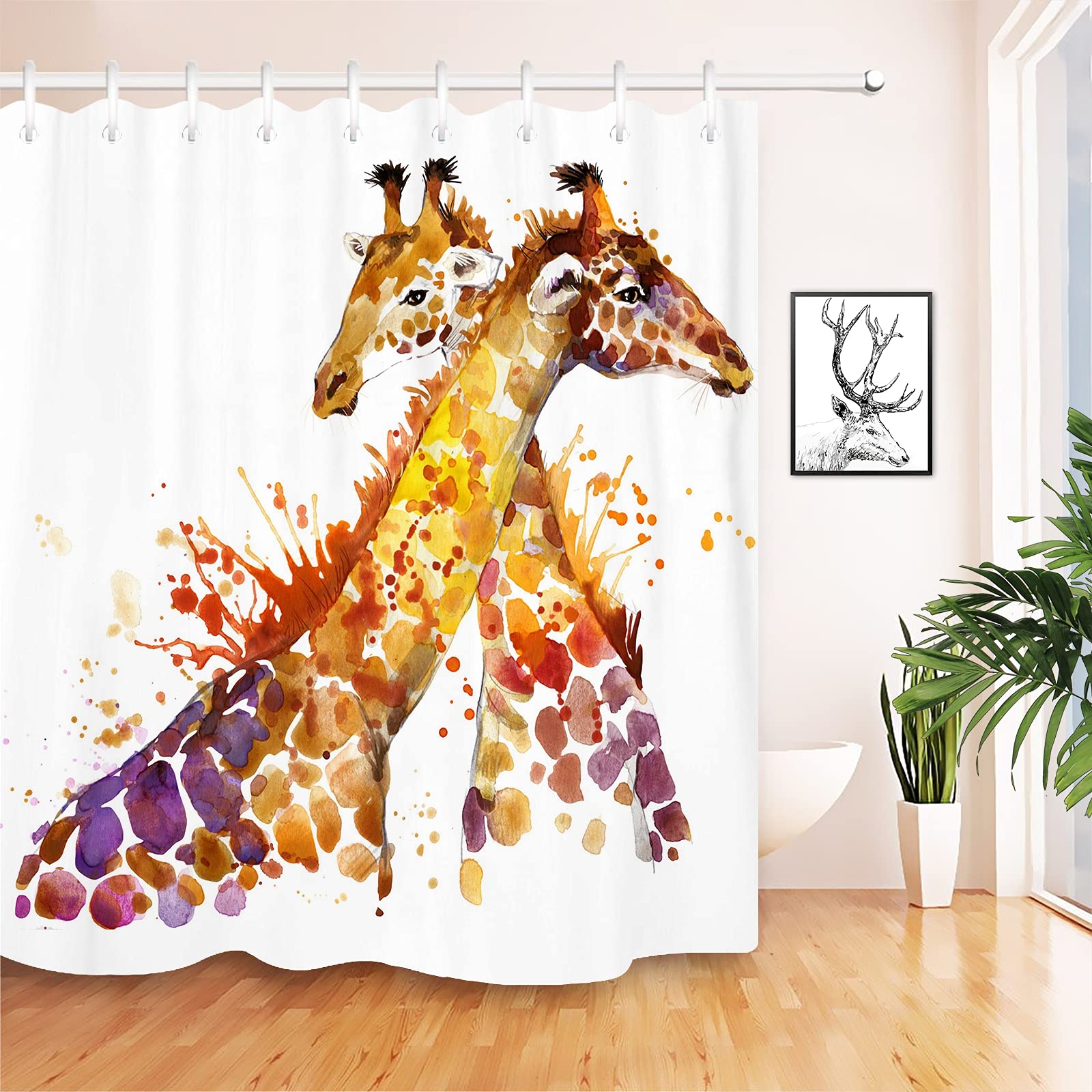 Joocar C26 Bathroom Decorative, Watercolor Colorful Print Giraffe, Waterproof Polyester Fabric Shower Curtain With 12 Hooks Size: 72X72 Inch