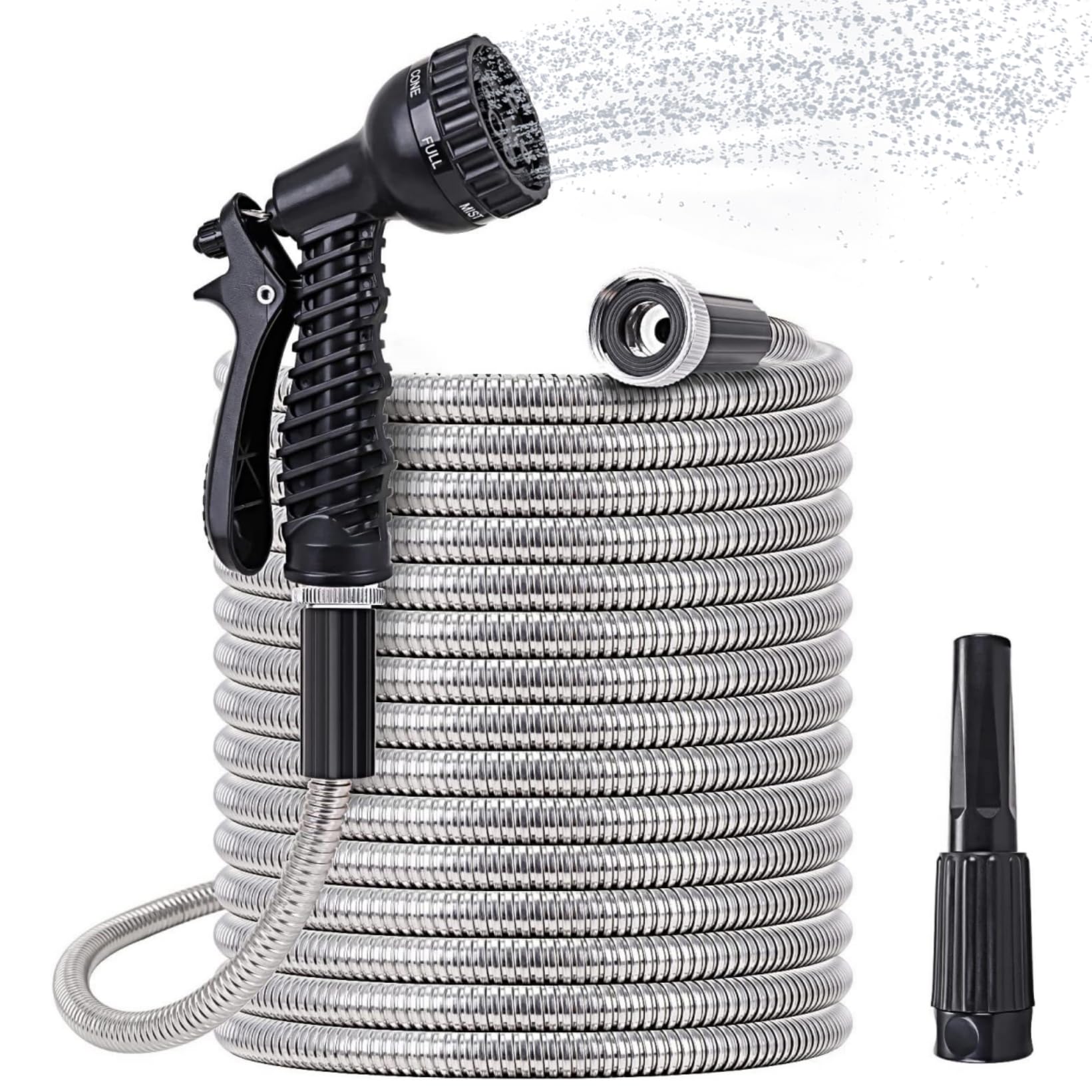 Manguera Extensible 7 Funciones, Manguera Jardin Flexible Ligera de Acero Inoxidable 14MM para Riego de Jardín, Regar, Limpiar, Lavar Coche, Regar, Bañar Mascotas (50FT)