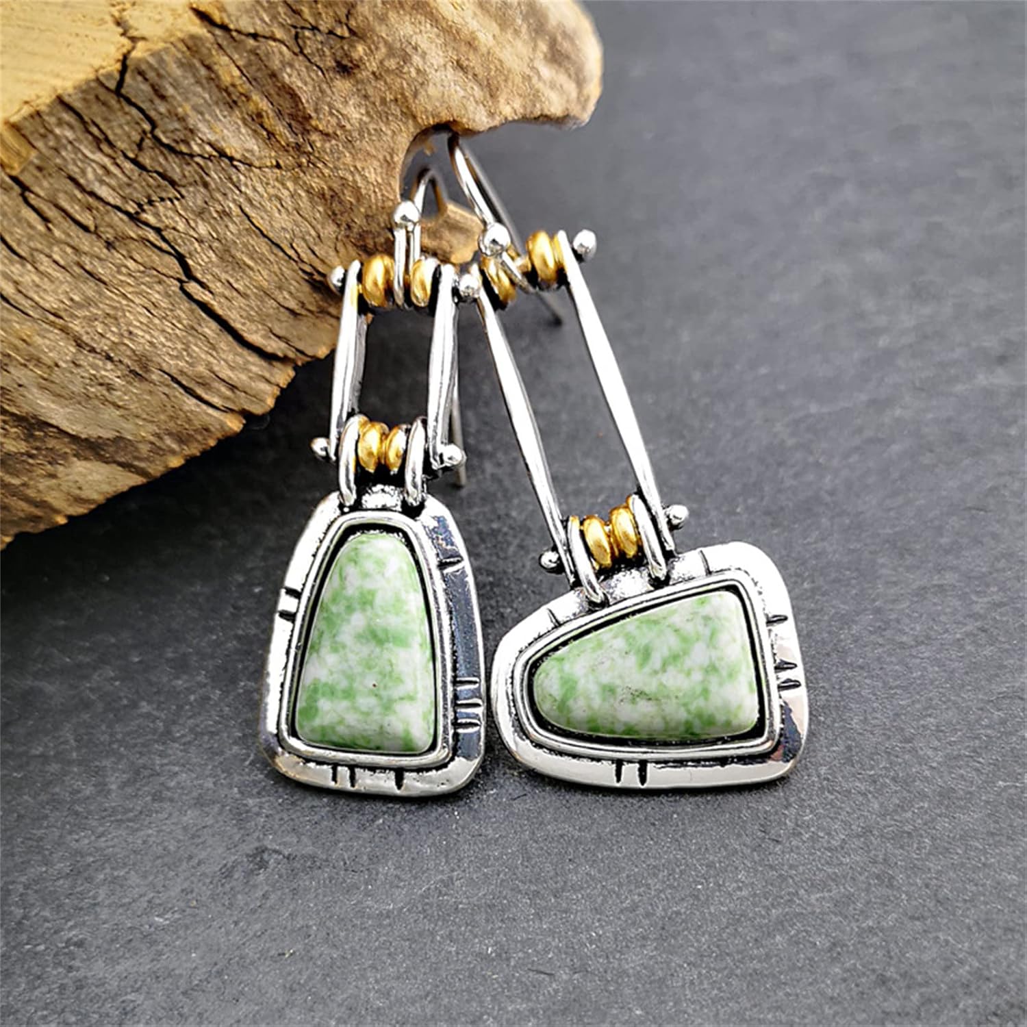 Vintage Boho Earrings for Women Girls Creative Handmade Silver Bohemian Retro Green Emerald Gemstone Dangle Drop Asymmetrical Statement Earrings Jewelry Gifts - Image 5