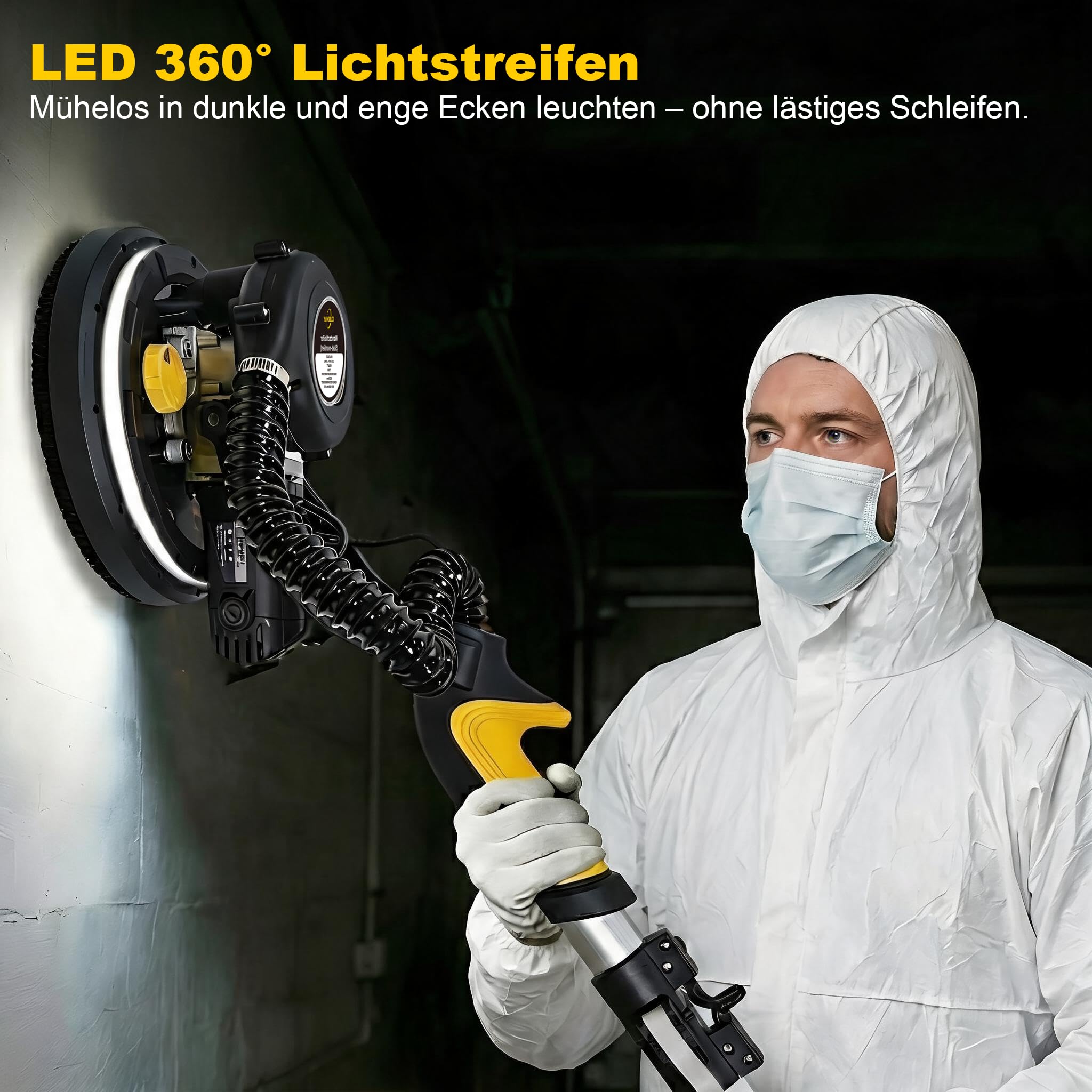 Trockenbauschleifer, 750W Wandschleifer mit Automatischem Vakuumsystem und Ø 214mm Schleifgiraffe inkl Absaugbeutel LED-Licht, 7-Gang Getriebe, 900-1800RPM Deckenschleifer, Faltbarem Griff