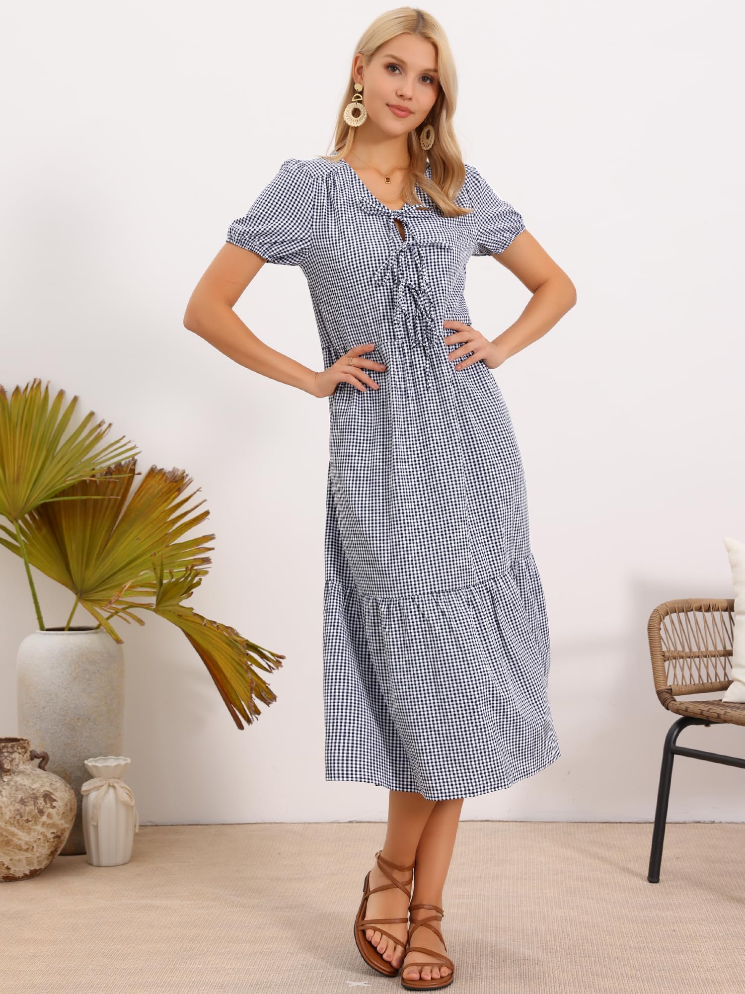 Allegra K Vestito da donna estivo casual con scollo a V a maniche corte con fiocco decorativo