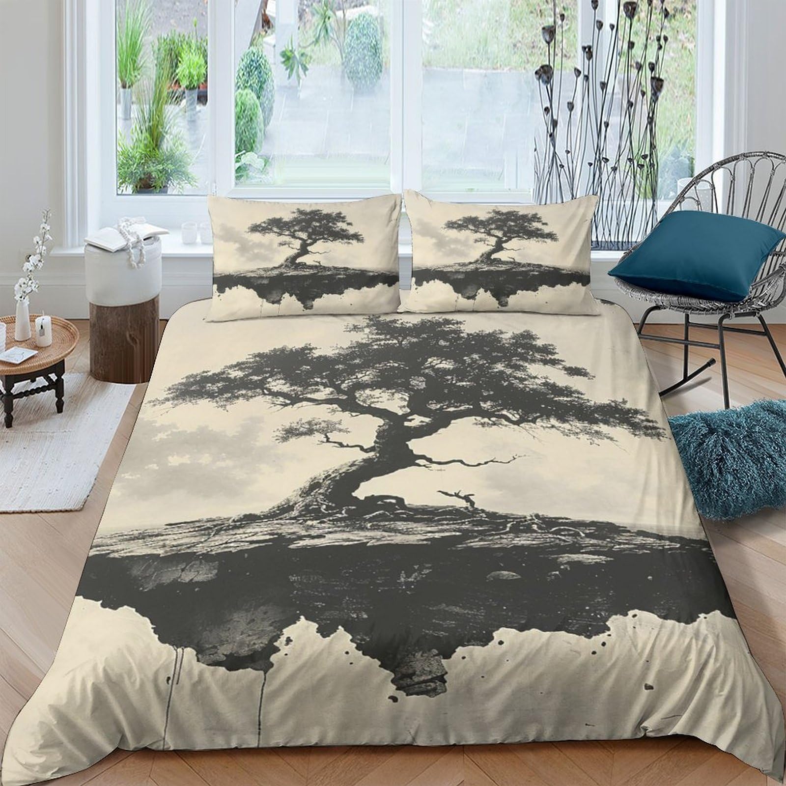 Ctjqhvkz Style-3 3D Printed Ink Painting Tree Fitted Sheet Microfiber Soft Bed Cover For Bedroom Dorm Artistic Mattress Protection Decor Single（135X200cm）