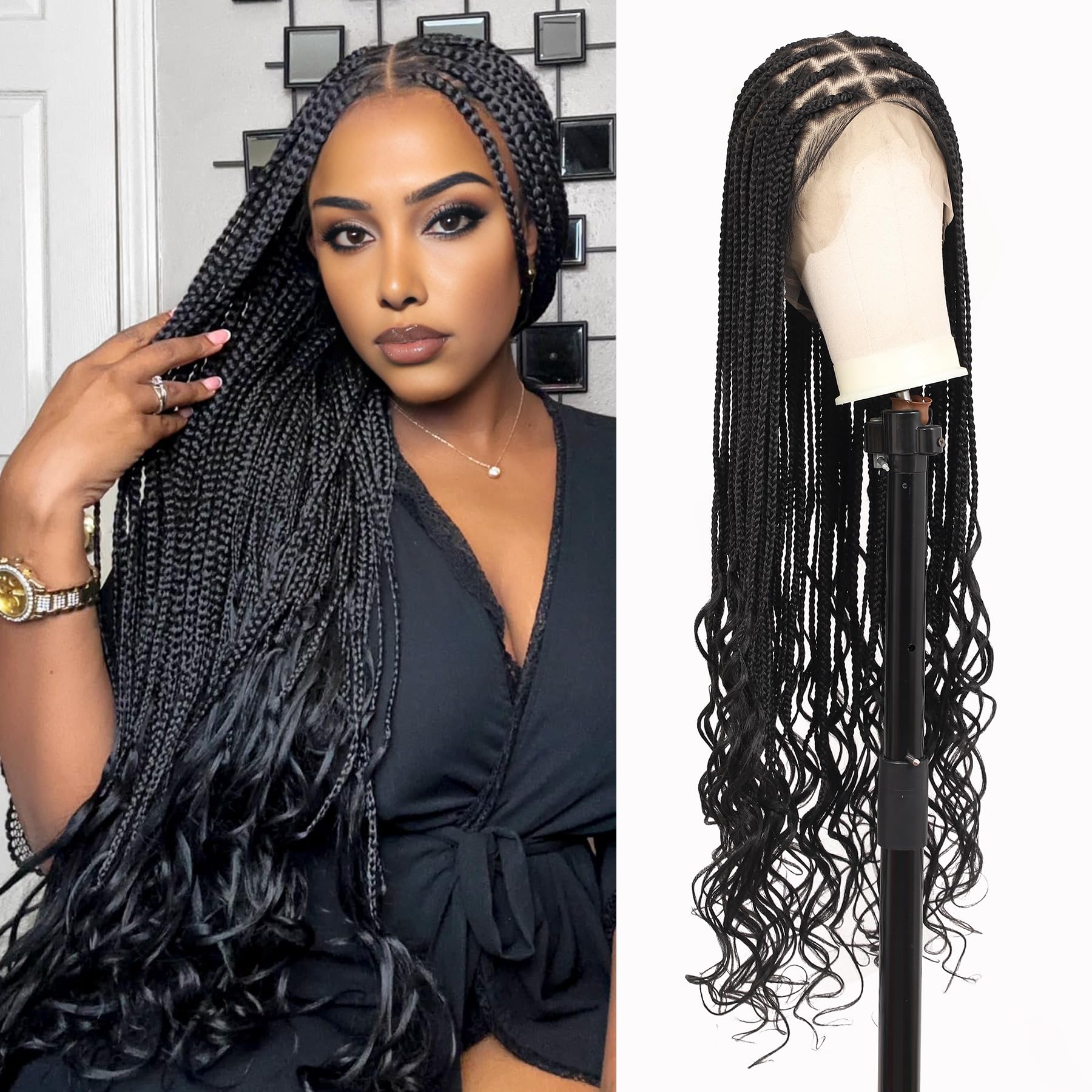 Kalyss Full Lace Braided Wigs for Black Women Knotless Braided Wigs Box Braid Wig with Boho Curly ends Braided Wigs Black Boho Braided Wig,36 Inches