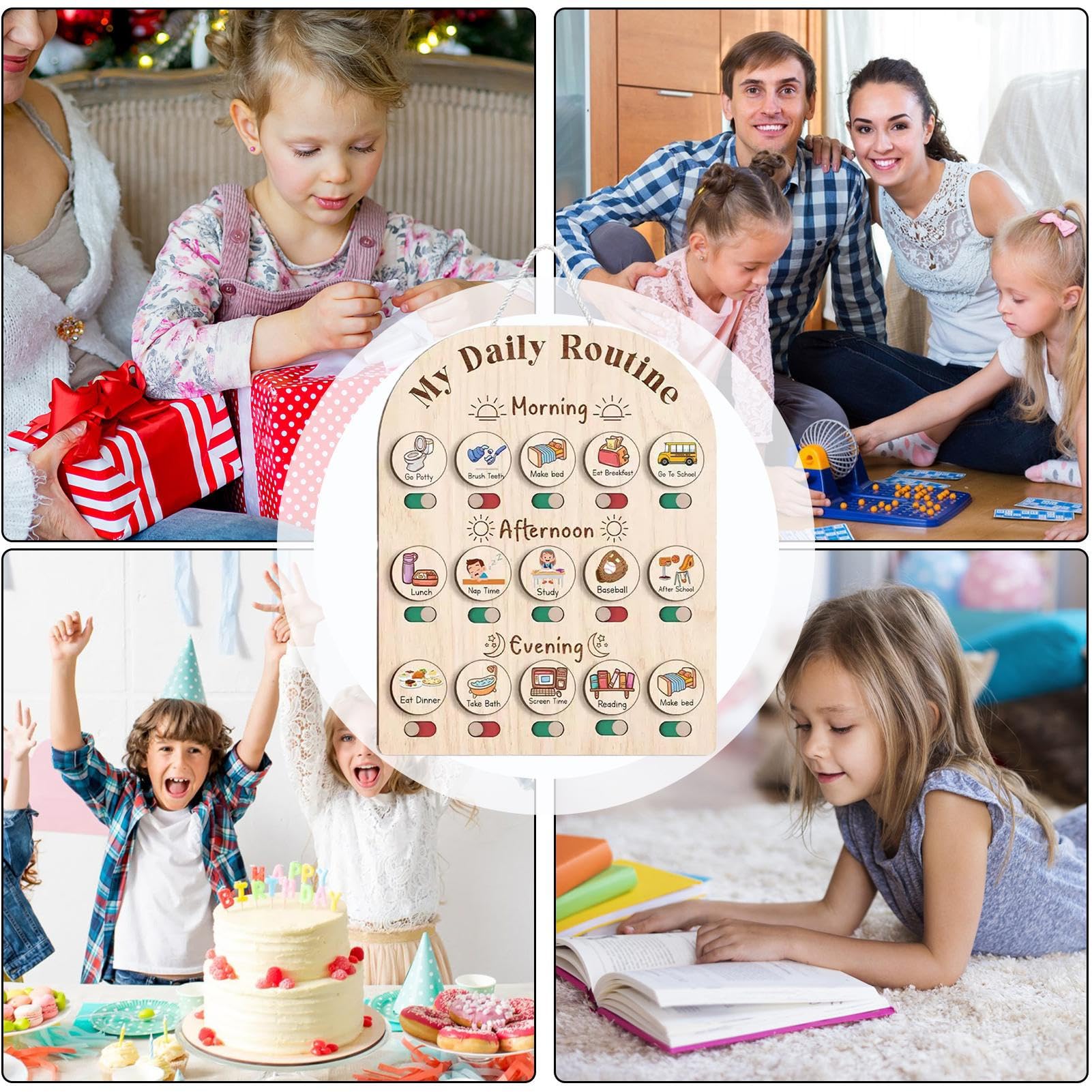 Generico Visual Schedule for Kids, Wooden Daily Schedule Board, Educational Toy Planner, Durable Wood Design, Morning Routine, School Supplies, Preschool, Childhood Learning, 35.6x30x3.8cm
