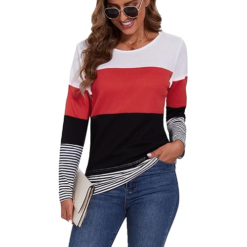 SMENG Womens Long Sleeve Pullover Shirts Crew Neck Color Block Sweater Fashion Fall Waffle Knit Comfy Casual Blouses Tops