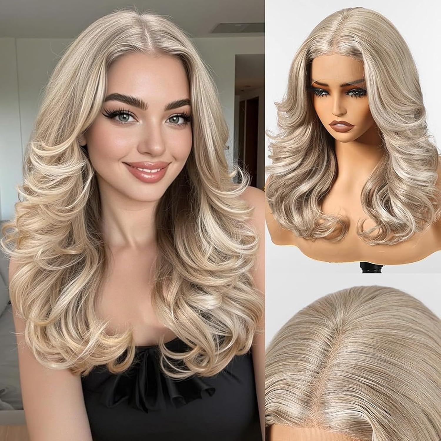 HAIRCUBE 13x6 HD Synthetic Lace Front Wig, 24 Inch Ash Blonde Long Curly Layered Wigs, Natural Density Hairline Glueless Wigs for Women Daily Use