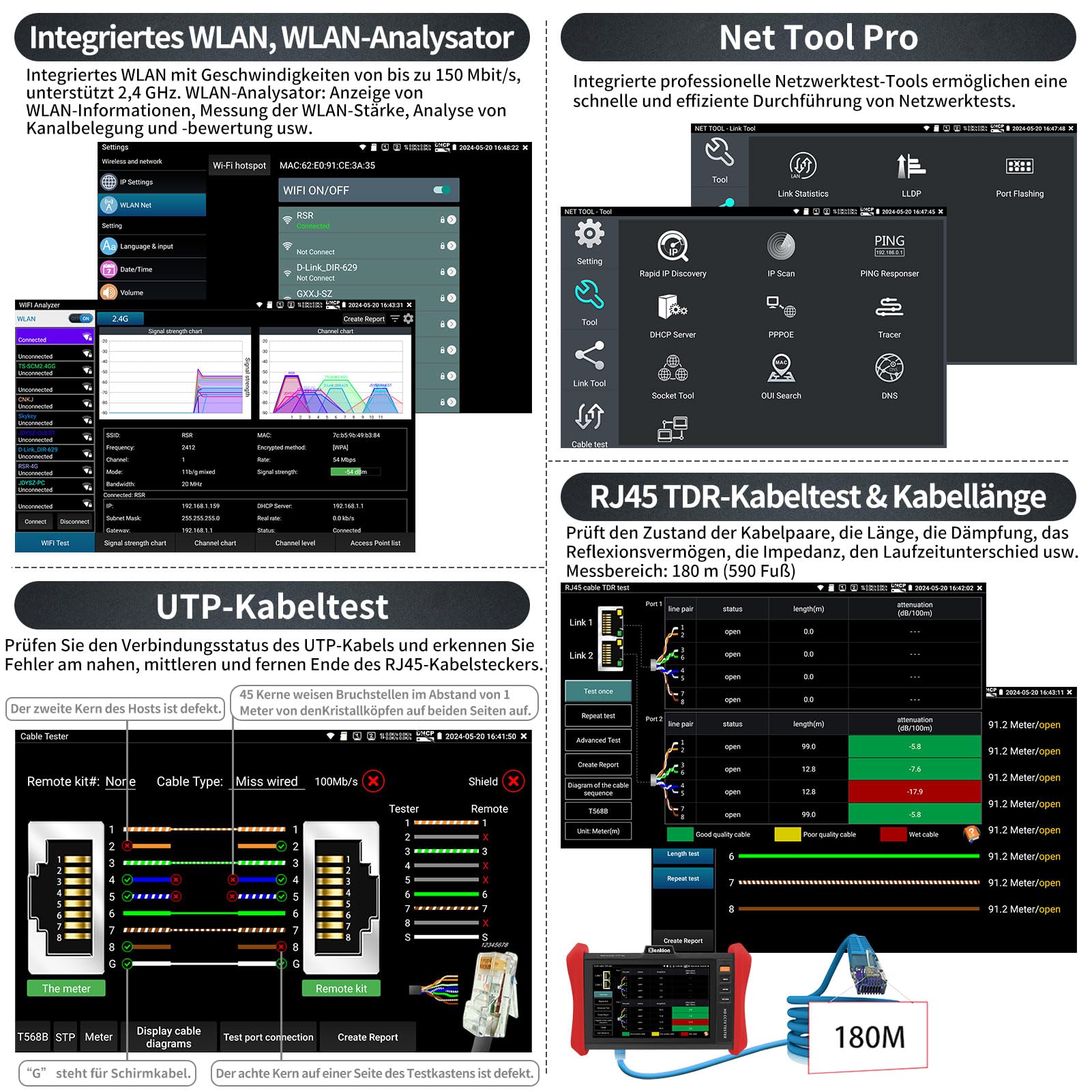 Henkion CCTV-Tester Monitor 4K 12MP ip kamera tester POE++ Max. 90W POE-Kameratest 8" 1920x1200 IPS-Touchscreen 1CH SFP-Modul WLAN-Netzwerk-Tools Kabeltest POE-Erkennung Energiemanagement App-Updates