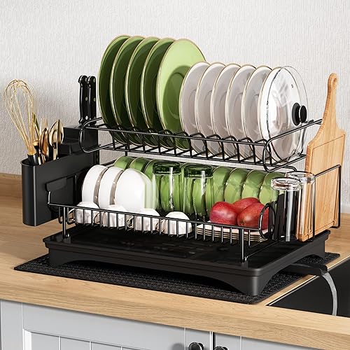 MAJALIS - Escurridor de platos de acero inoxidable para encimera de cocina colador de platos con soporte para utensilios y tapete de secado negro