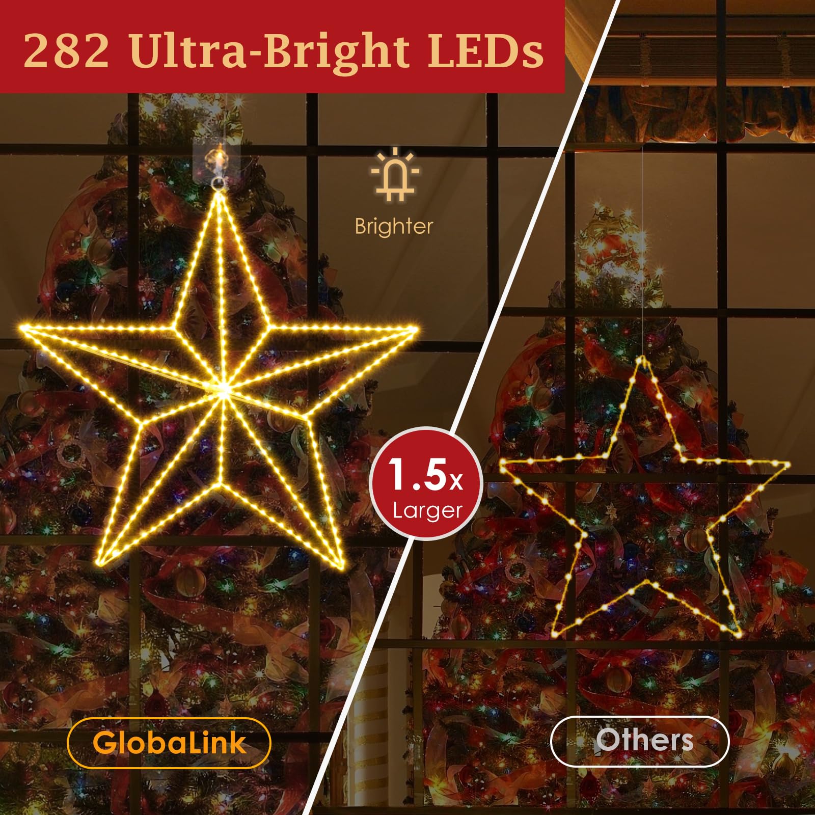 GlobaLink LED Weihnachtsdeko Fenster - 3D Fünfspitzstern Eisenleuchten mit Stecker (Netzbetrieb), 282 Warmweiß-LEDs, Faltbar, Indoor/Outdoor für Schlafzimmer, Weihnachtsfeier & Außenbereich