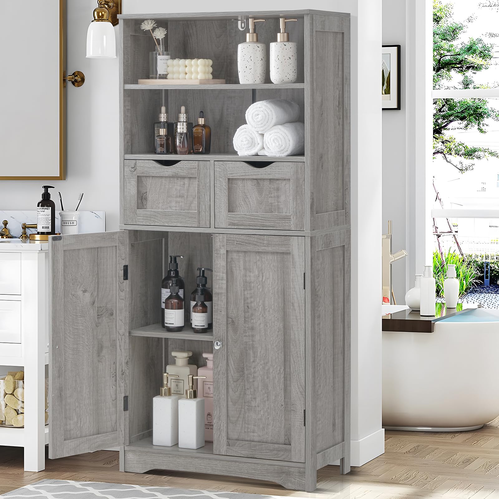 Armario de almacenamiento alto con 2 cajones y estante ajustable, armario de baño con puertas, armario, armarios de cocina para sala de estar, comedor, entrada, gris 3