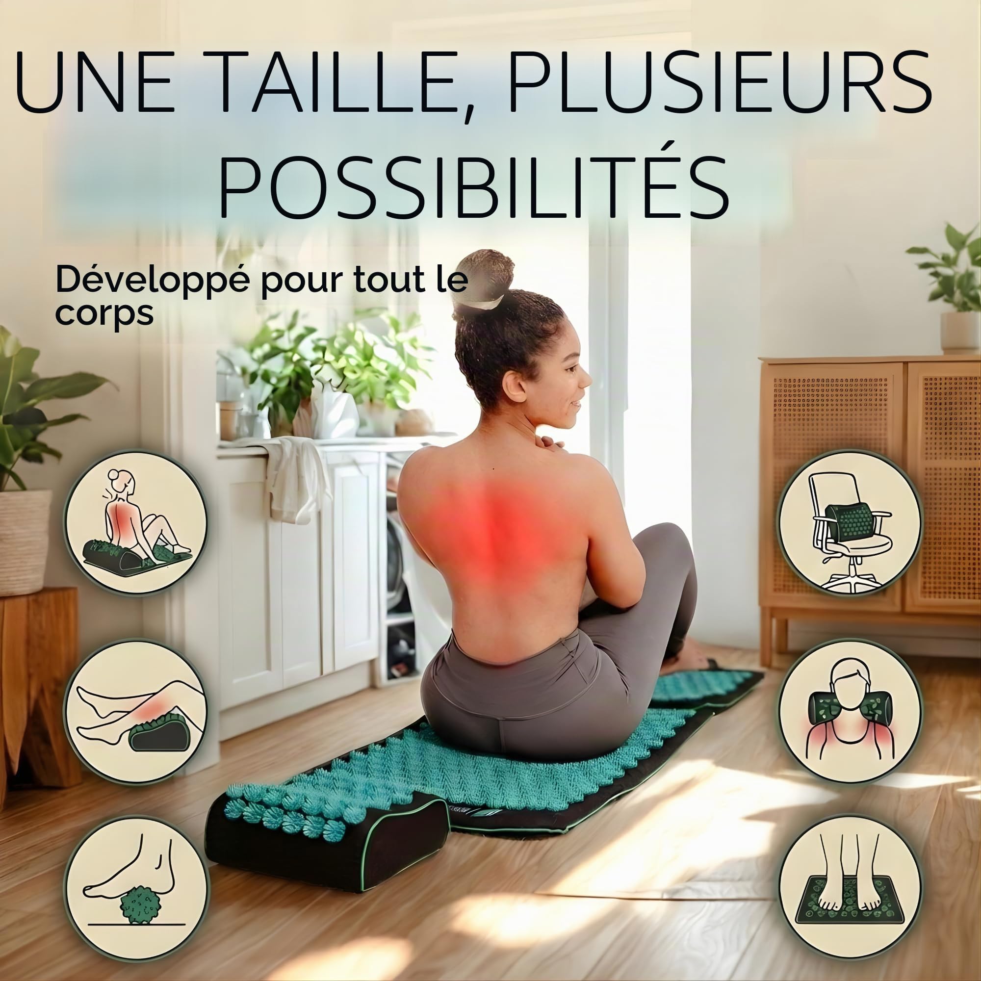 Tapis d'acupression original 6 en 1 - Set de qualité supérieure en fibres naturelles - Massage du dos et du cou contre le stress et les tensions - Avec coussin et balle de massage