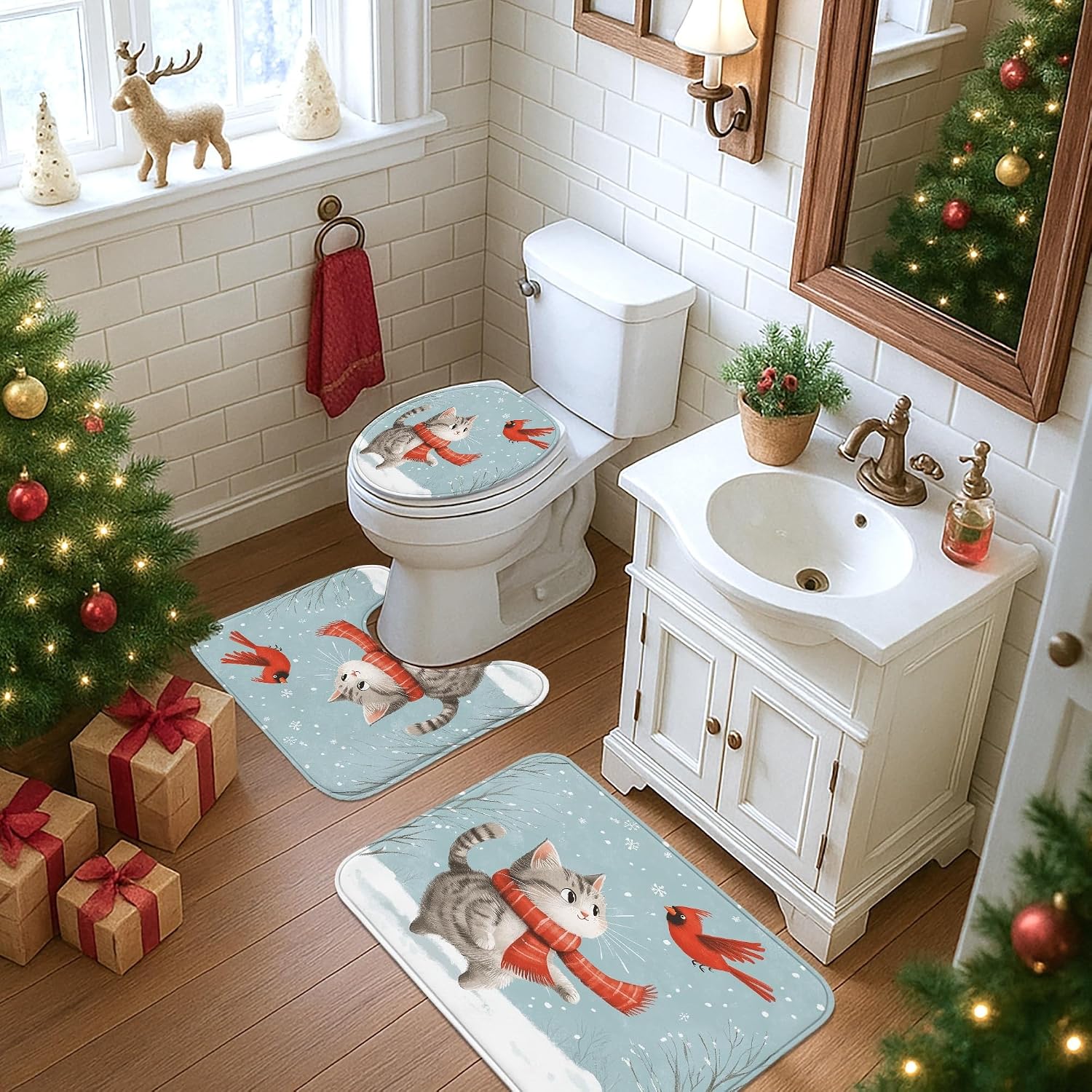 4PCS Winter Christmas American Shorthair Cat Bathroom Accessory Sets with Non-Slip Rug, U Shape and Toilet Lid Cover Mat, Cute Kid Xmas Animal Bathroom Decorative-72''x72''