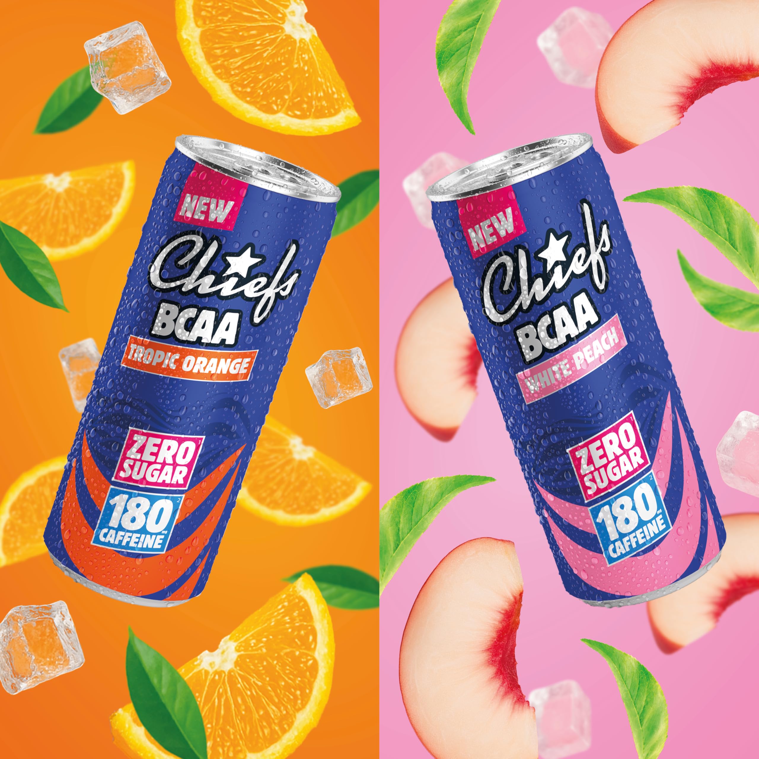 CHIEFS Boisson énergisante goût Pêche Blanche, 180 mg de caféine, 24x330ml boissons énergétiques, Sans Sucre et avec BCAA (White Peach)