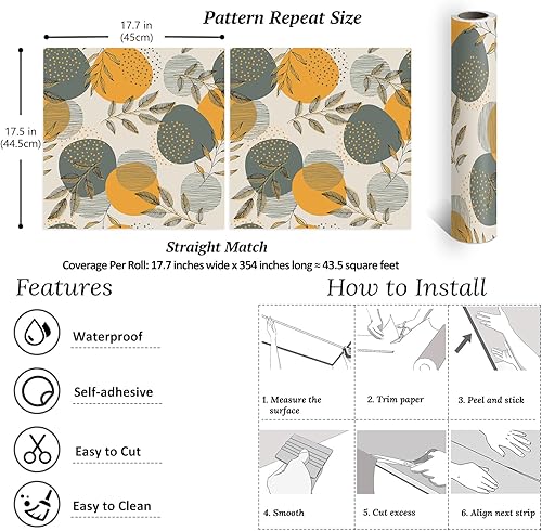 Miniatura 8 de VEELIKE Papel tapiz geométrico bohemio gris naranja con diseño geométrico de hojas vintage para dormitorio, sala de estar, papel de pared Accet