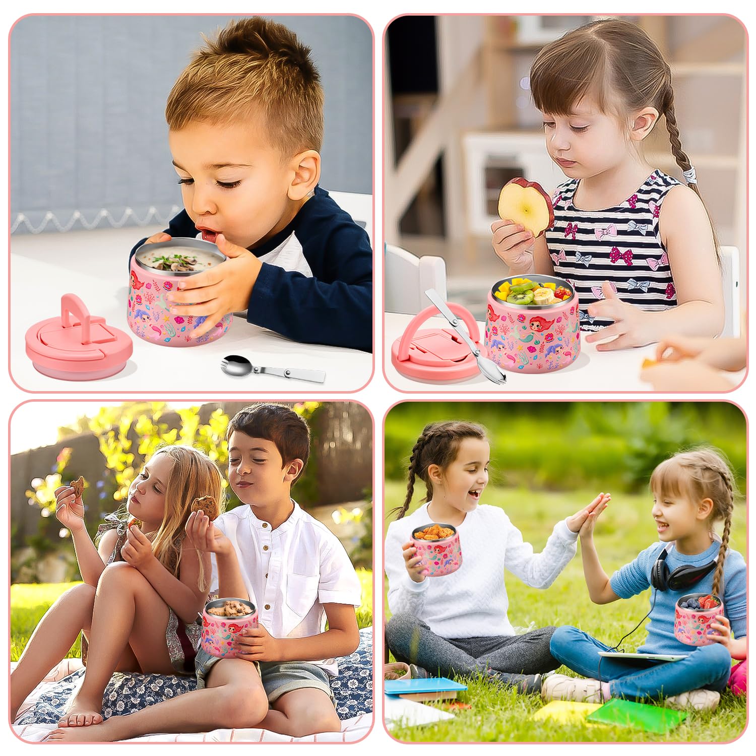 Itslife Thermos per Alimenti 420ml, Contenitore Termico per Alimenti di Acciaio Inossidabile con Cucchiaio Pieghevole, Lunch Box Termico per Picnic, Scuola e Ufficio, Sirena