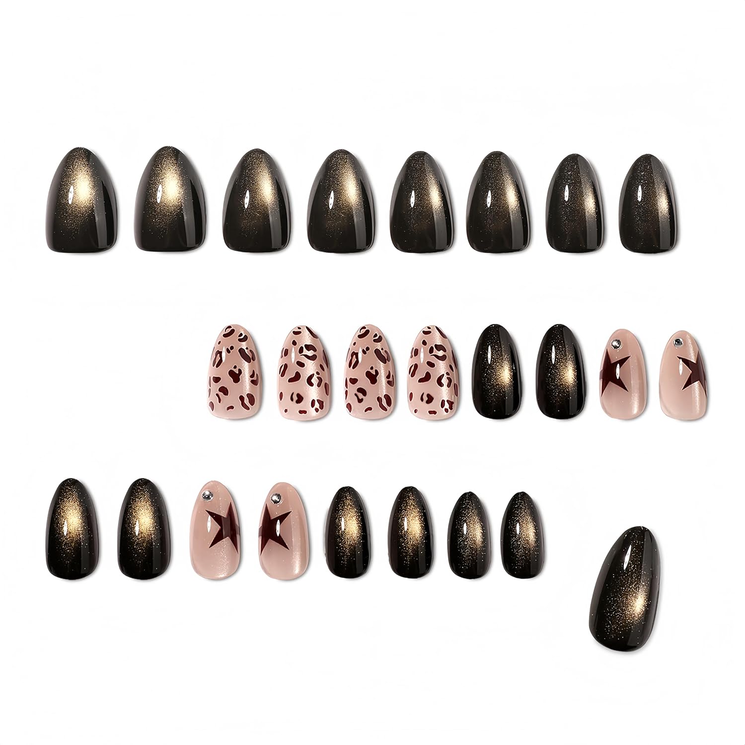 24Pcs Leopard Print Press on Nails Short Almond Fake Nails Brown Leopard Prints Stars with Gold Rhinestone Design Fall Winter Glossy Artificial False Nails for Women Daily Party Manicure Decoration