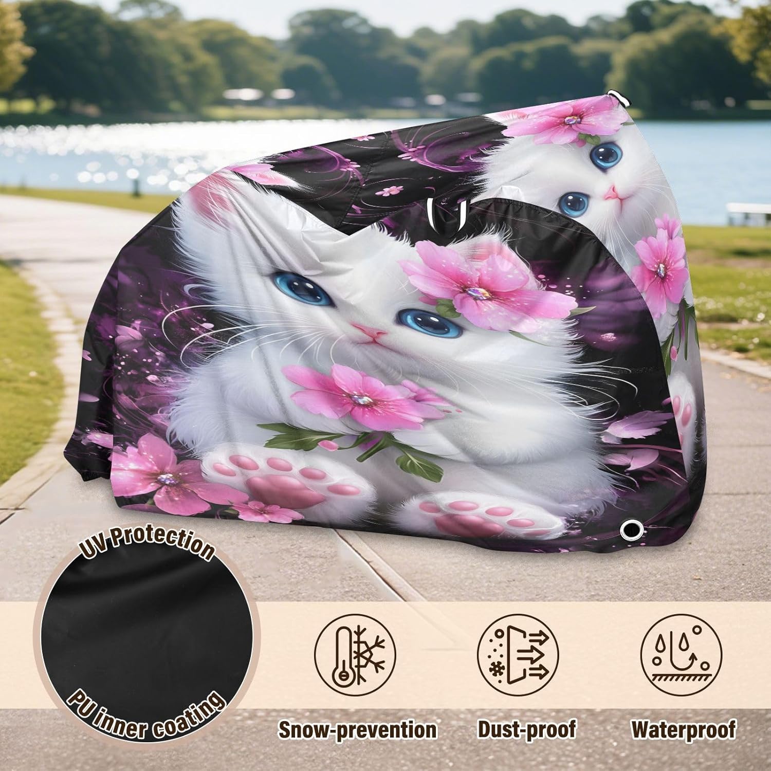 ALAZA Cute Cat Kitten Pink Flower Bike Cover Waterproof Outdoor Ebike Bicycle Covers Tarp Protection for 1/2 Bikes, Sun UV Dust Wind Proof