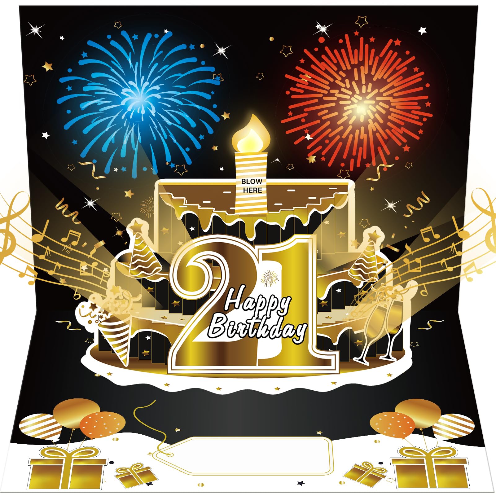 Turypaty 21st Birthday Cards Pop Up 3D Cake - Firework & Music & Blow Out Candle Light Funny Happy 21 Black Gold Birthday Card Gifts for Him, Her, Men, Women, Son, Daughter, Grandson, Boyfriend