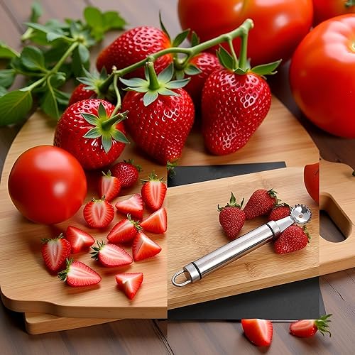 Miniatura 5 de Herramienta de descorazonador de fresas y tomate de acero inoxidable, descorazonador de acero inoxidable multifunción y removedor de picaduras para