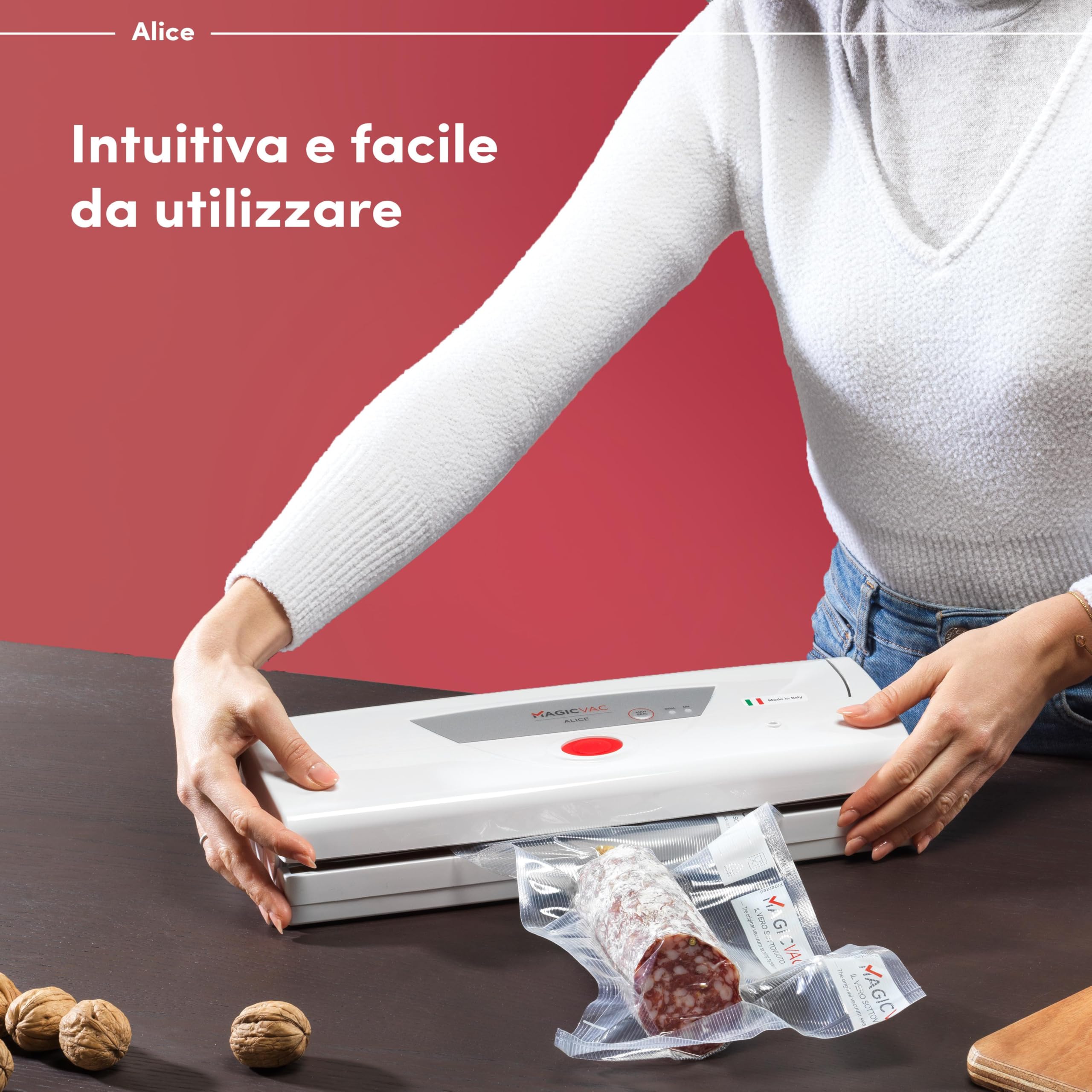 Magic Vac, Alice, Macchina Sottovuoto Alimenti Multifunzione, Ideale per Sacchetti Sottovuoto e Contenitori, con Doppio Filtro e Kit Sottovuoto Alimenti, Tecnologia Brevettata, Made in Italy, Bianca