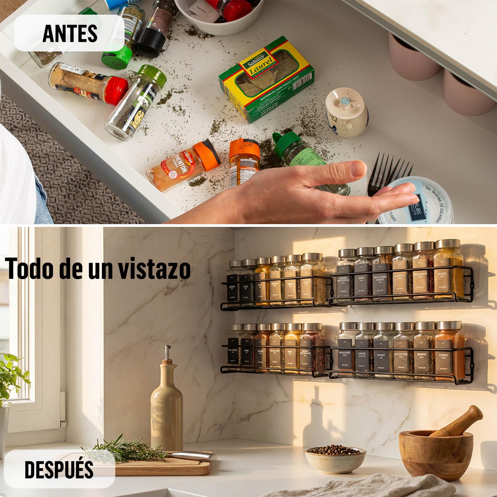 Deco haus® Especiero de Pared sin Taladro Con 24 Tarros de Cristal - 4 Piezas Para Cocina