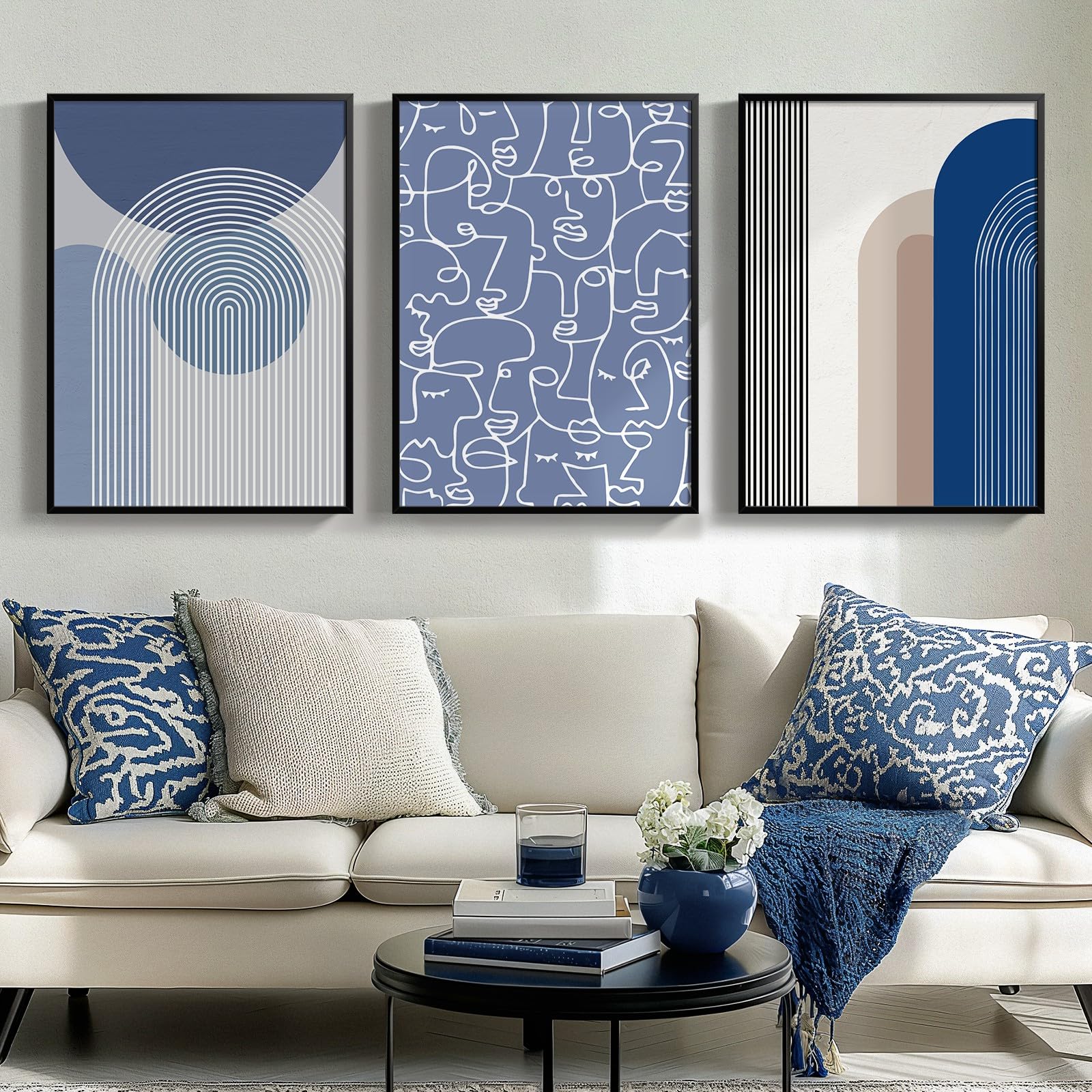 Framed Boho Navy Blue Geometric Wall Art for Living Room - Set of 3 Canvas Artwork for Walls, 3-Piece Modern Abstract Art Prints, Large Paintings for Bedroom, Dining Room, Office Wall Decor - Total 32" x 72"