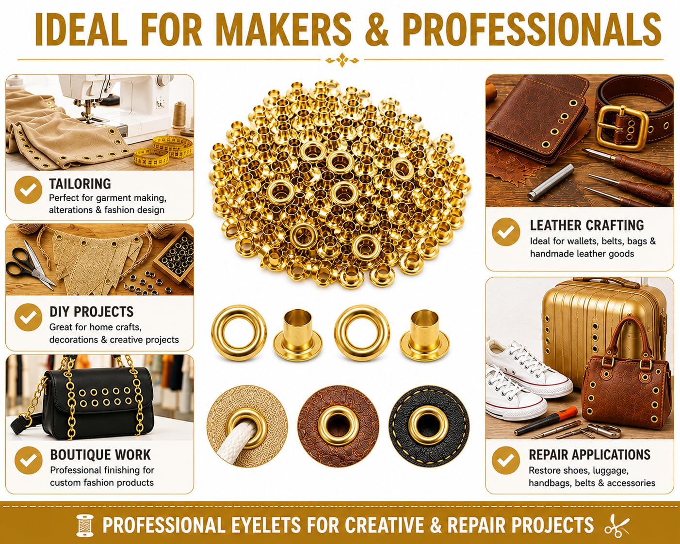 Zenith Combo of Copper, Silver, and Antique Metal Eyelets - 750 Pieces - Round Grommets for Crafts and Accessories | Lightweight and Heavy Duty | Suitable for Clothing, Shoes, Bags and Suitcases