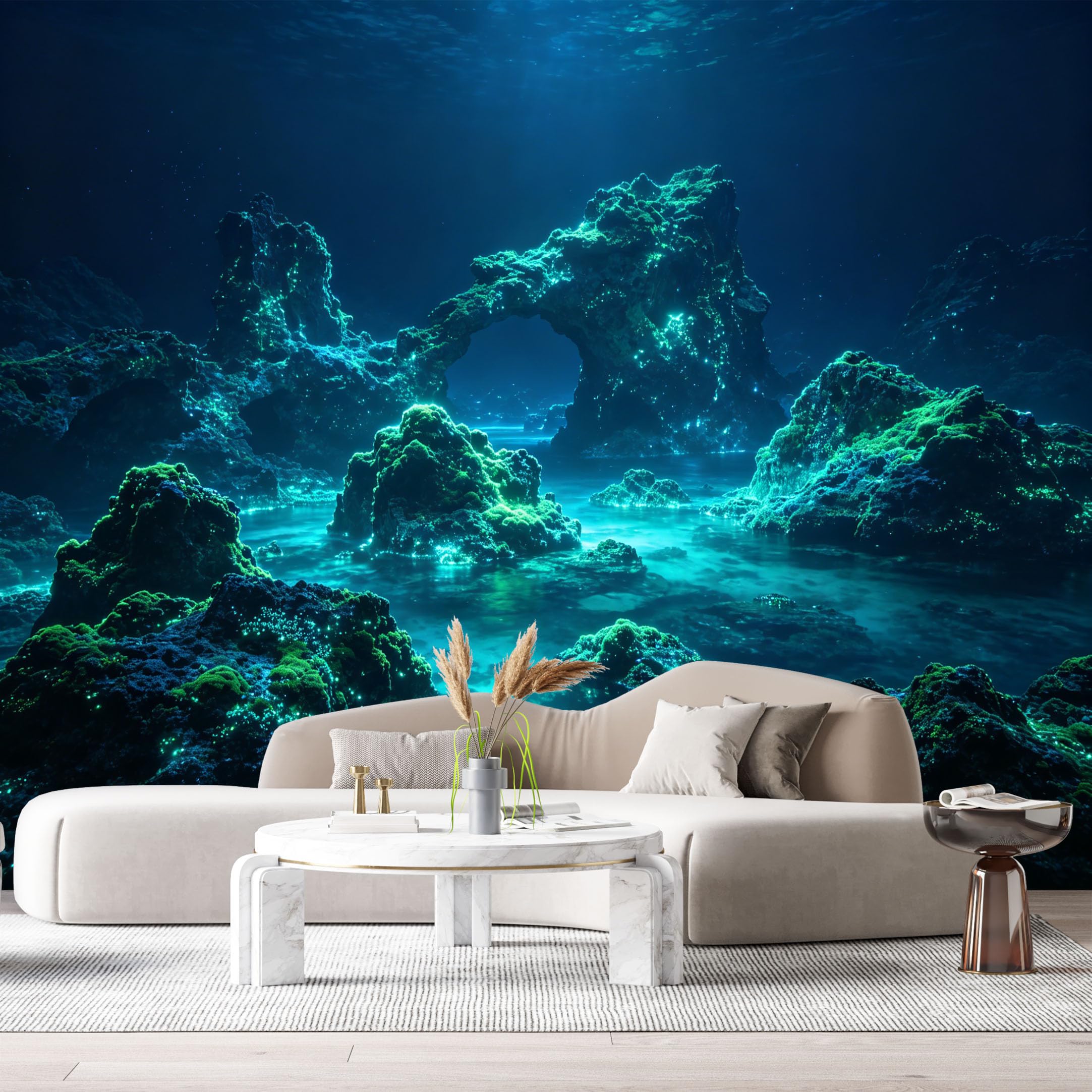 Custom Size Wall Murals Bioluminescent Ocean Marine 3D Underwater Rocks SelfAdhesiveWall Fabric Removable Wallpaper Wall Decor for Living Room Bedroom Bathroom
