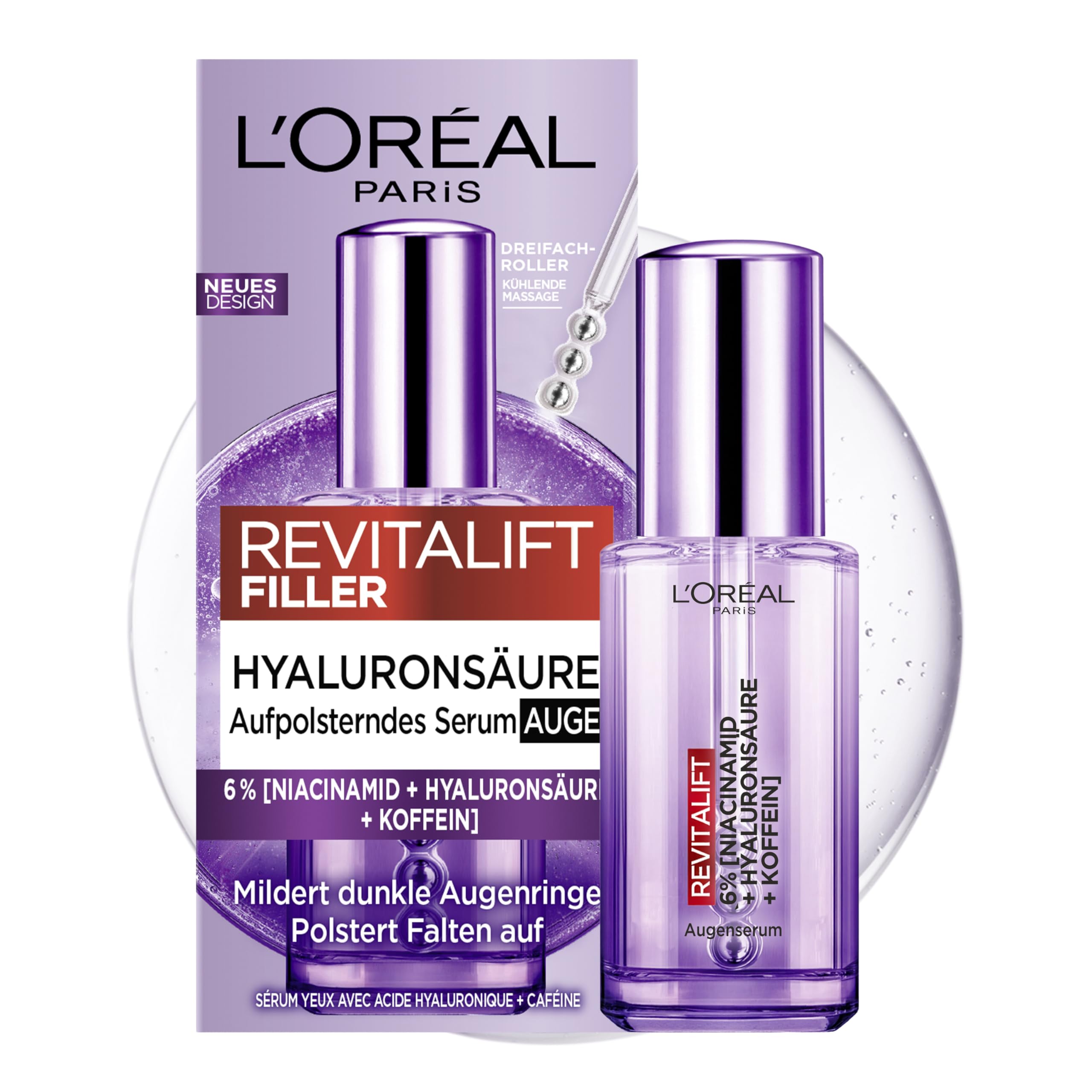L'Oréal Paris Augenserum für Frauen: sorgt für eine aufgepolsterte Augenpartie und weniger dunkle Augenringemit 2,5% [Hyaluronsäure+Koffein], Revitalift Filler, 1x 20ml