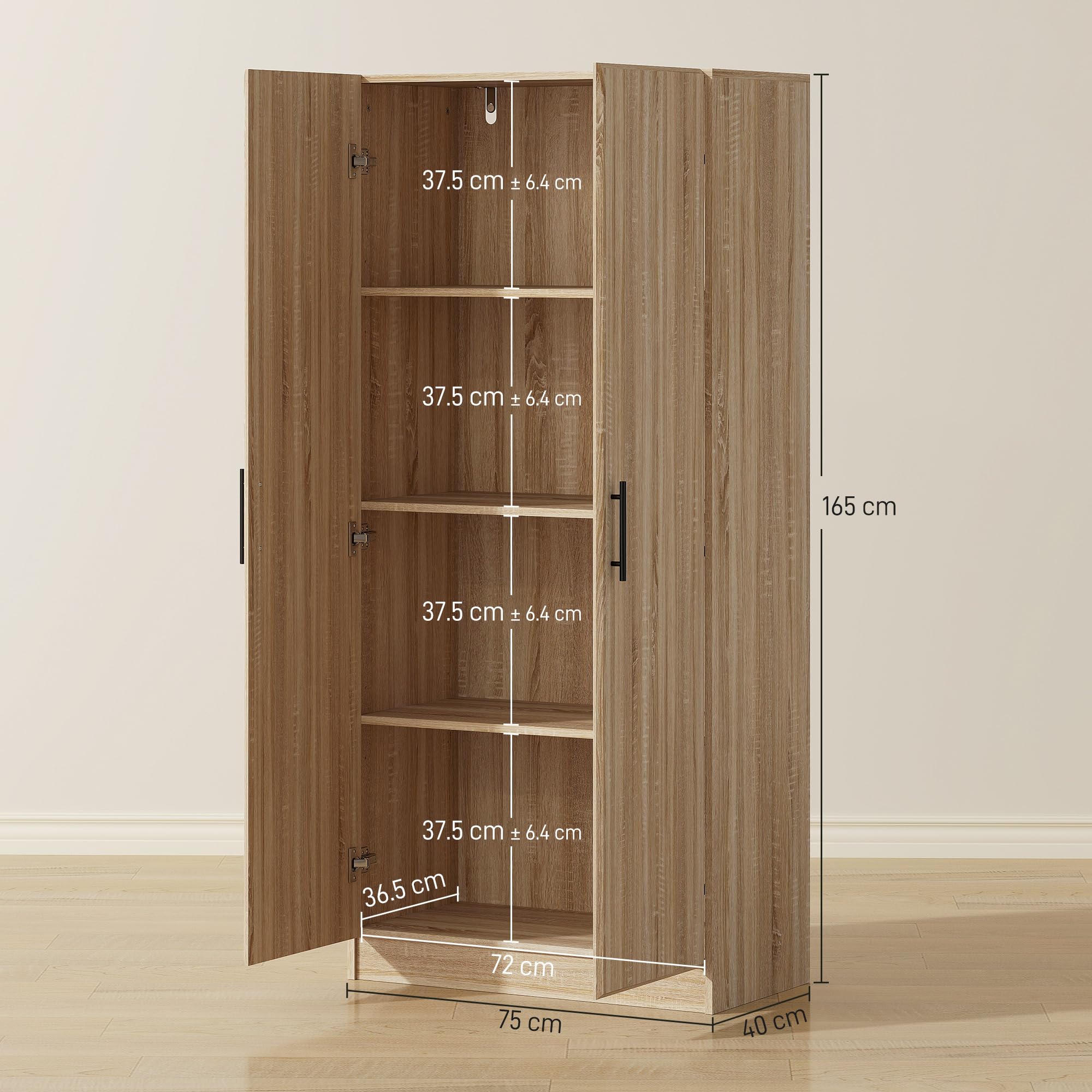 HOMCOM Credenza Cucina con Ante a Chiusura Ammortizzata, Dispensa Cucina con 2 Ripiani Regolabili, Mobile Dispensa per Soggiorno, Sala da Pranzo, Salotto, 75x40x165 cm, Color Legno