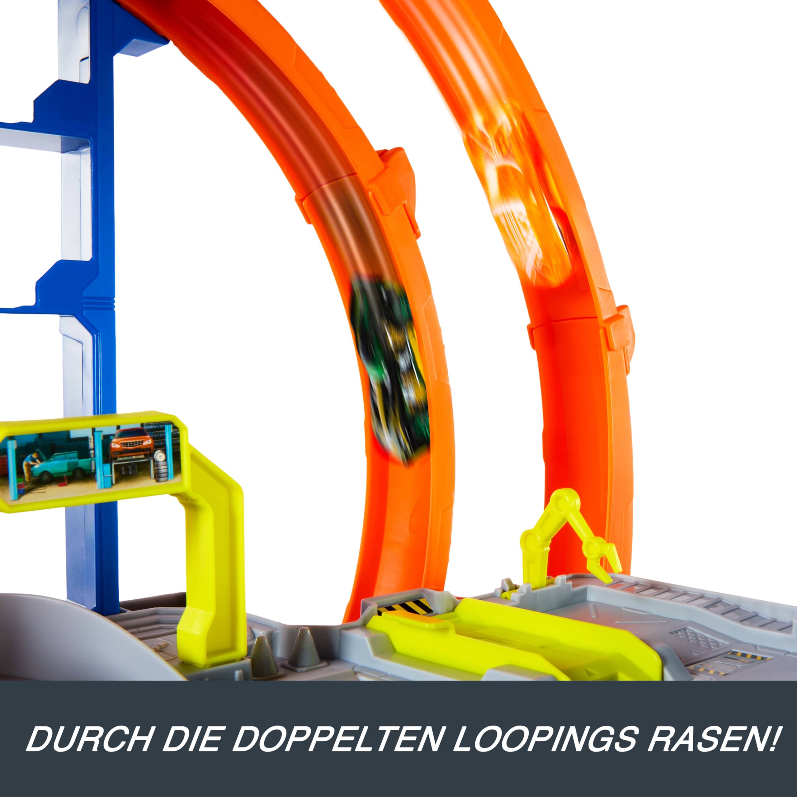 Hot Wheels Mega Loop Garage Spielset mit Auto & Hubschrauber | Spielset mit Die-Cast-Auto & -Hubschrauber, 2 Loopings, Platz für 36 1:64 Autos, Speed Snap Adapter, JLC05