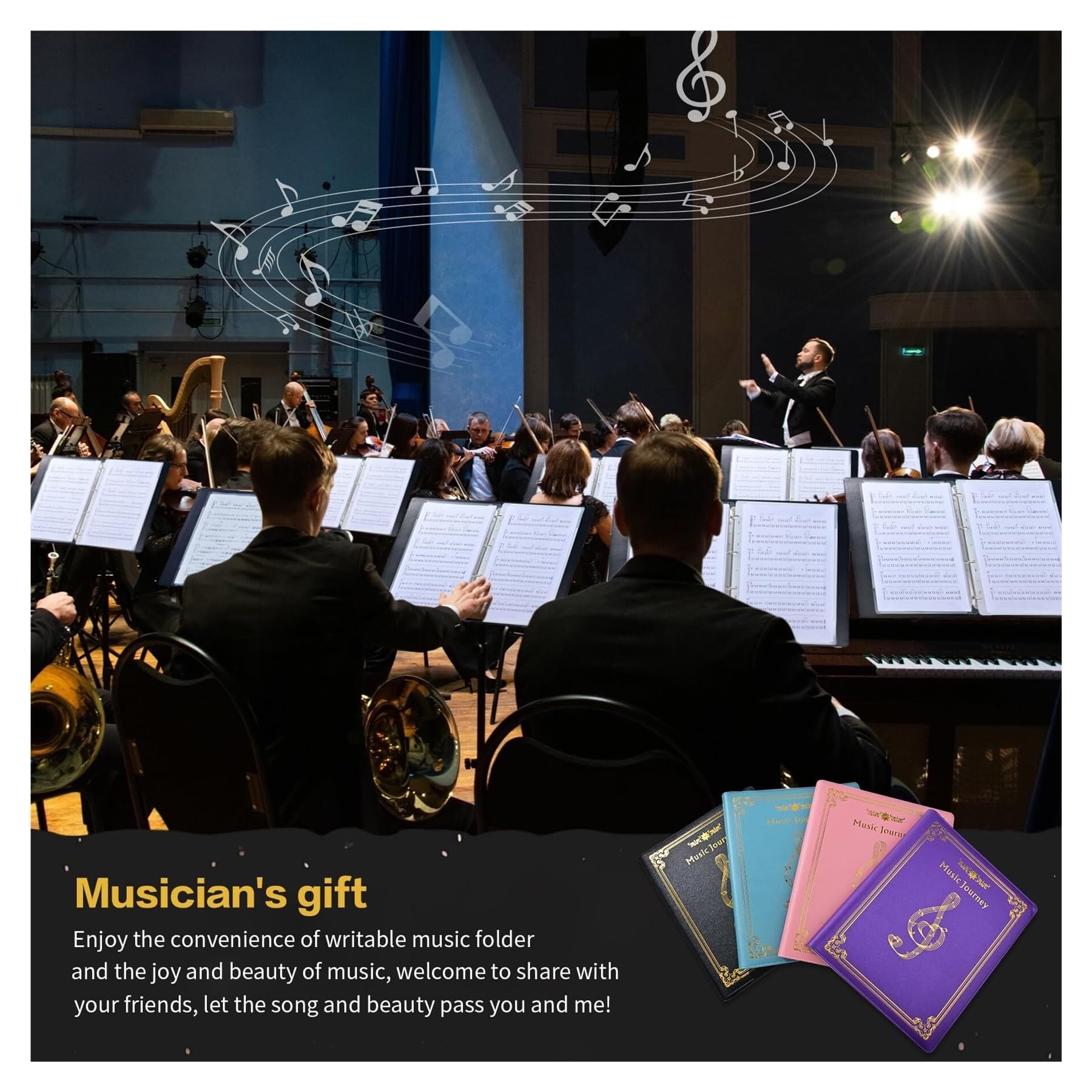 Carpeta de partituras para cantantes y músicos de coro, capacidad de 40 páginas, organizador de música para escribir con diseño desmontable de 4 anillas, soporte negro tamaño carta A4 aplicable a