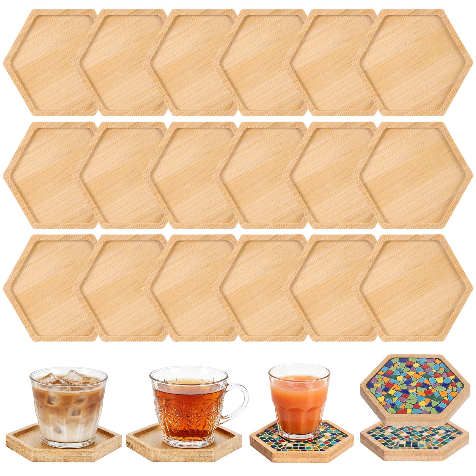 24 Pcs Bamboo Mosaic Coasters, 9 cm Hexagonal Wooden Cup Coaster Set, Versatile Blank Drink Base Trays, Small Plant Trays for Tea, Coffee, Candles, Home Decor, DIY Crafting