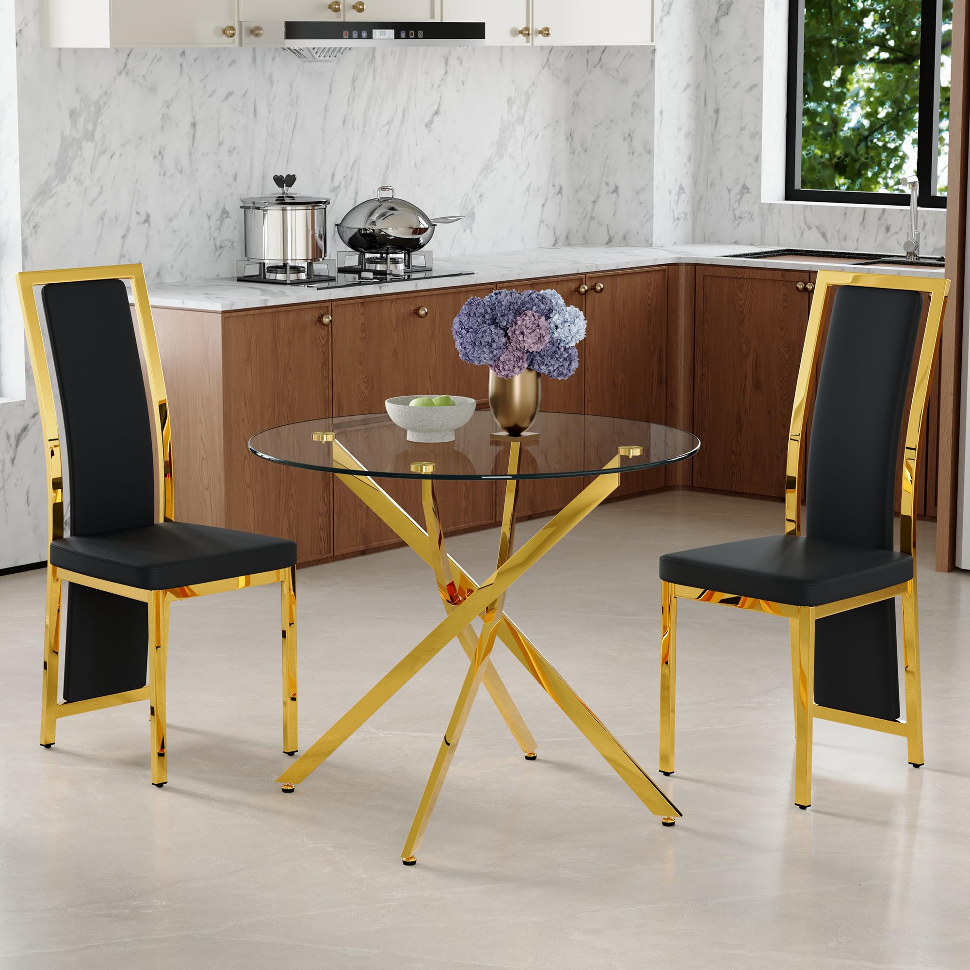 Mesa redonda de cocina de 88 cm con 2 sillas negras para comedores pequeños