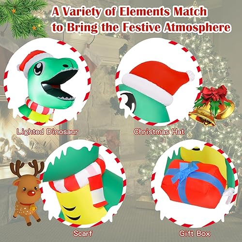 Miniatura 5 de Tangkula Dinosaurio inflable de Navidad de 3.3 pies que estalló de la ventana, dinosaurio colgante con luces LED integradas, decoración de Navidad