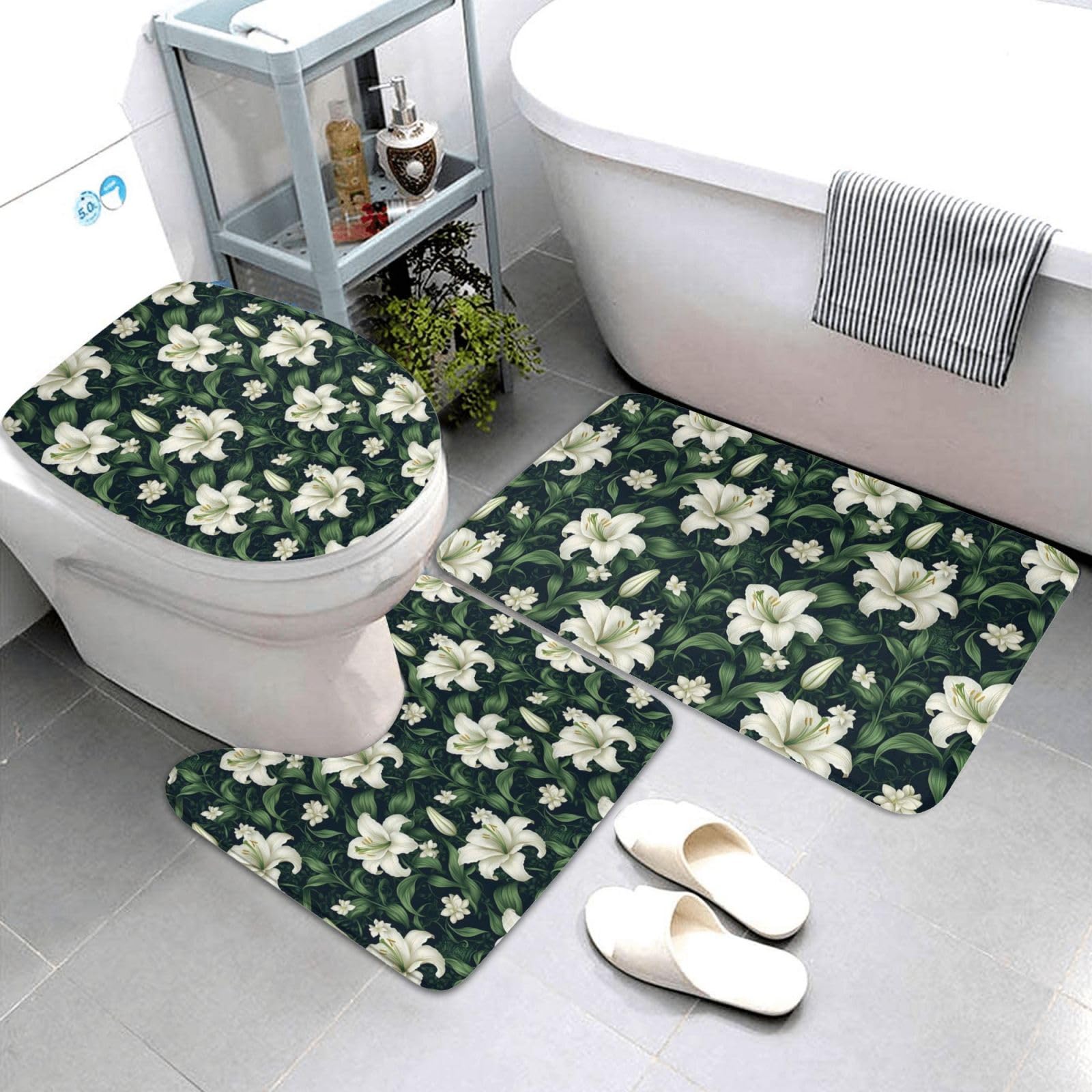 Tapis de salle de bain lot de 3 avec motif feuilles de lys blanches