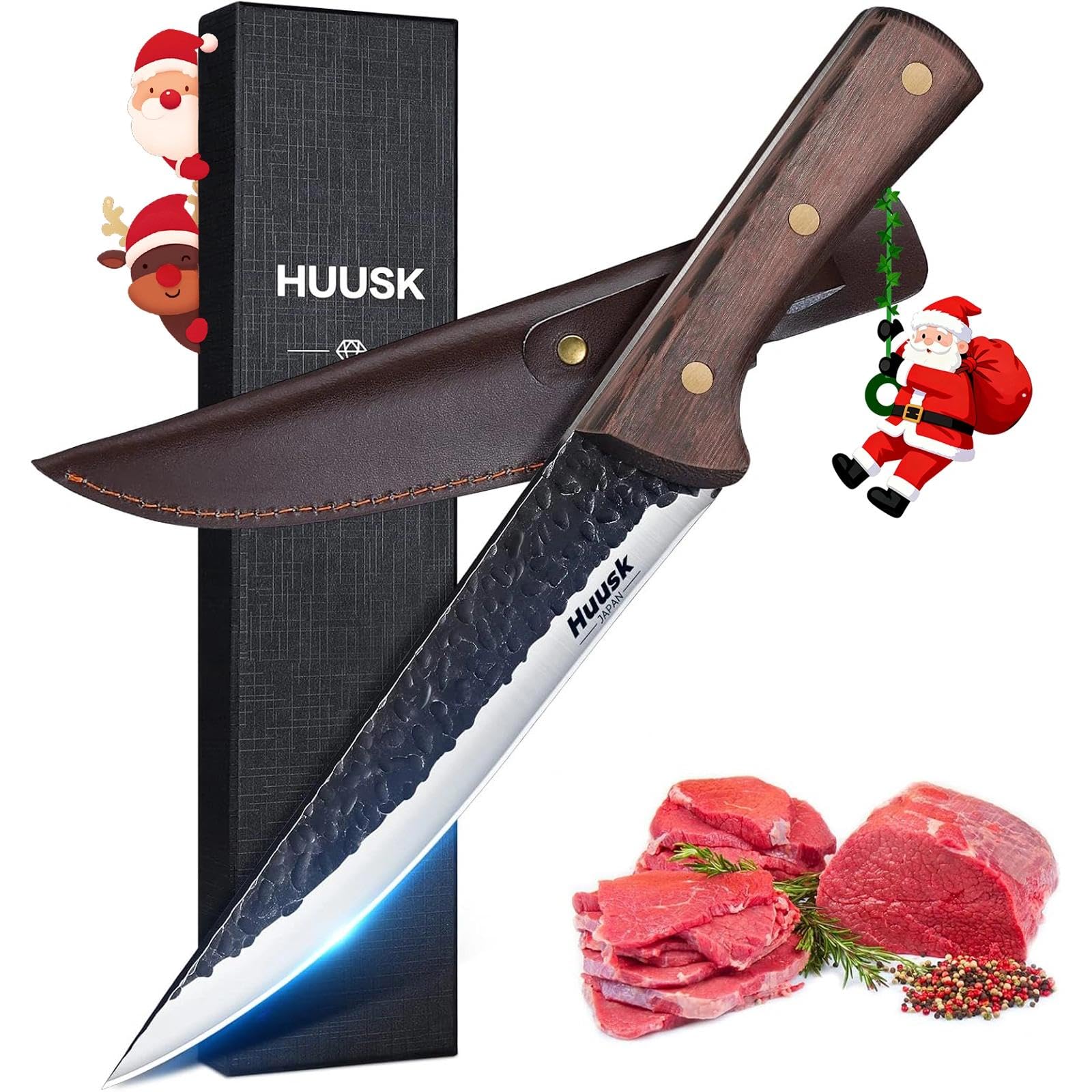 Huusk Boning Knife for Meat Cutting, Full Tang Brisket Slicing Trimming Knives with Sheath, Hand Forged Butcher Knives, Fish Fillet Knife for Meat, Christmas Gifts for Men Women