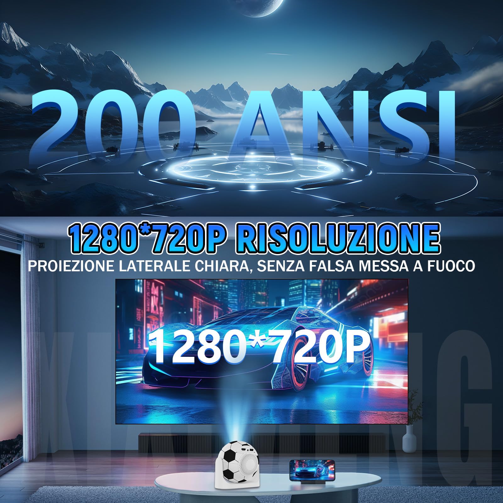 Mini Proiettore Smart TV Android 13 Proiettore Portatile per partite di calcio,Videoproiettore con Correzione Trapezoidale Automatica,1280*720P,WiFi 6 + BT 5.2,Home Theater Projector (Bianco & Nero)