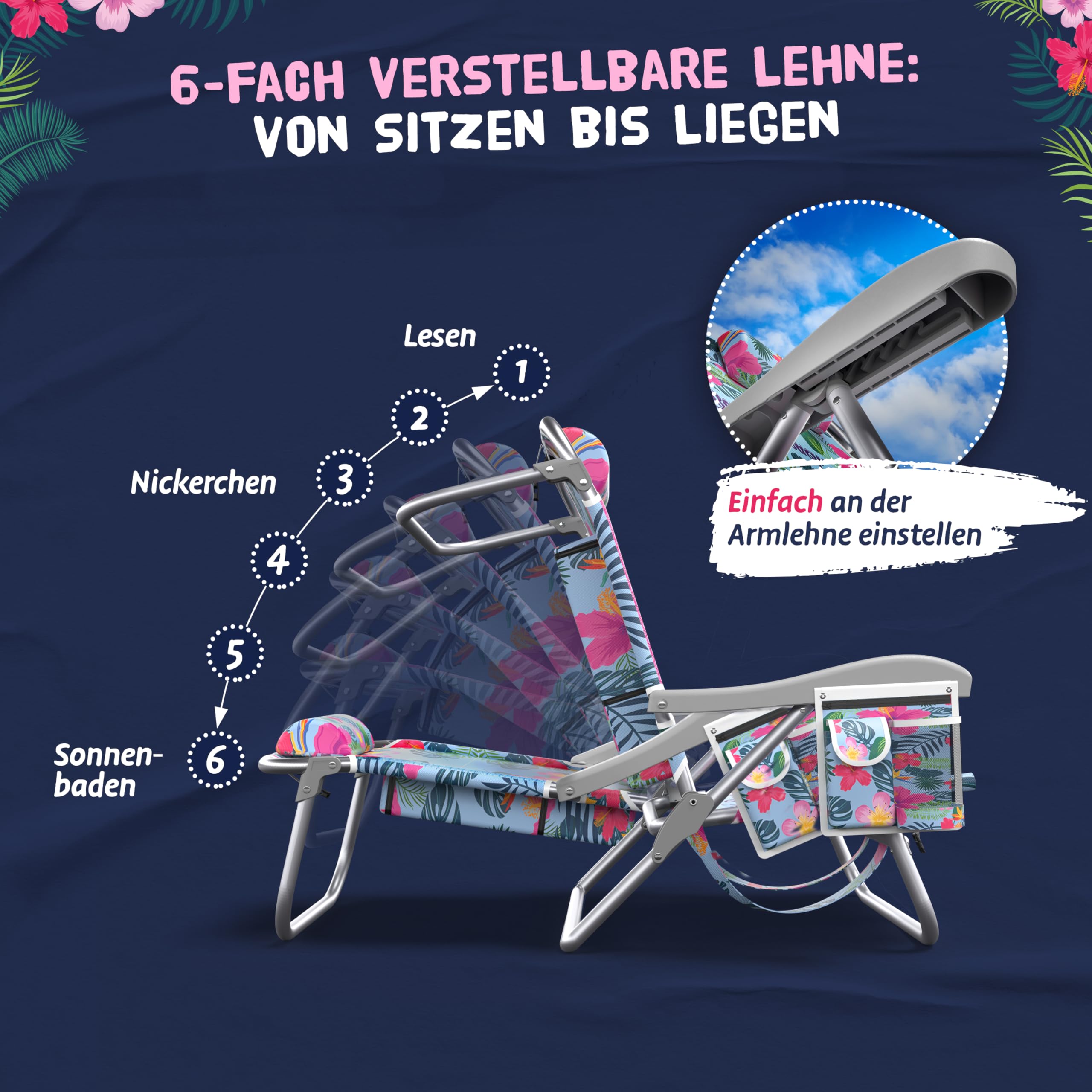 Bobby Beach Strandstuhl | Klappstuhl & Strandliege klappbar leicht als Rucksack zu tragen | Campingstuhl faltbar mit Getränkehalter & Taschen | Liege & Liegestuhl klappbar (Strandstuhl, Aqua Blue)
