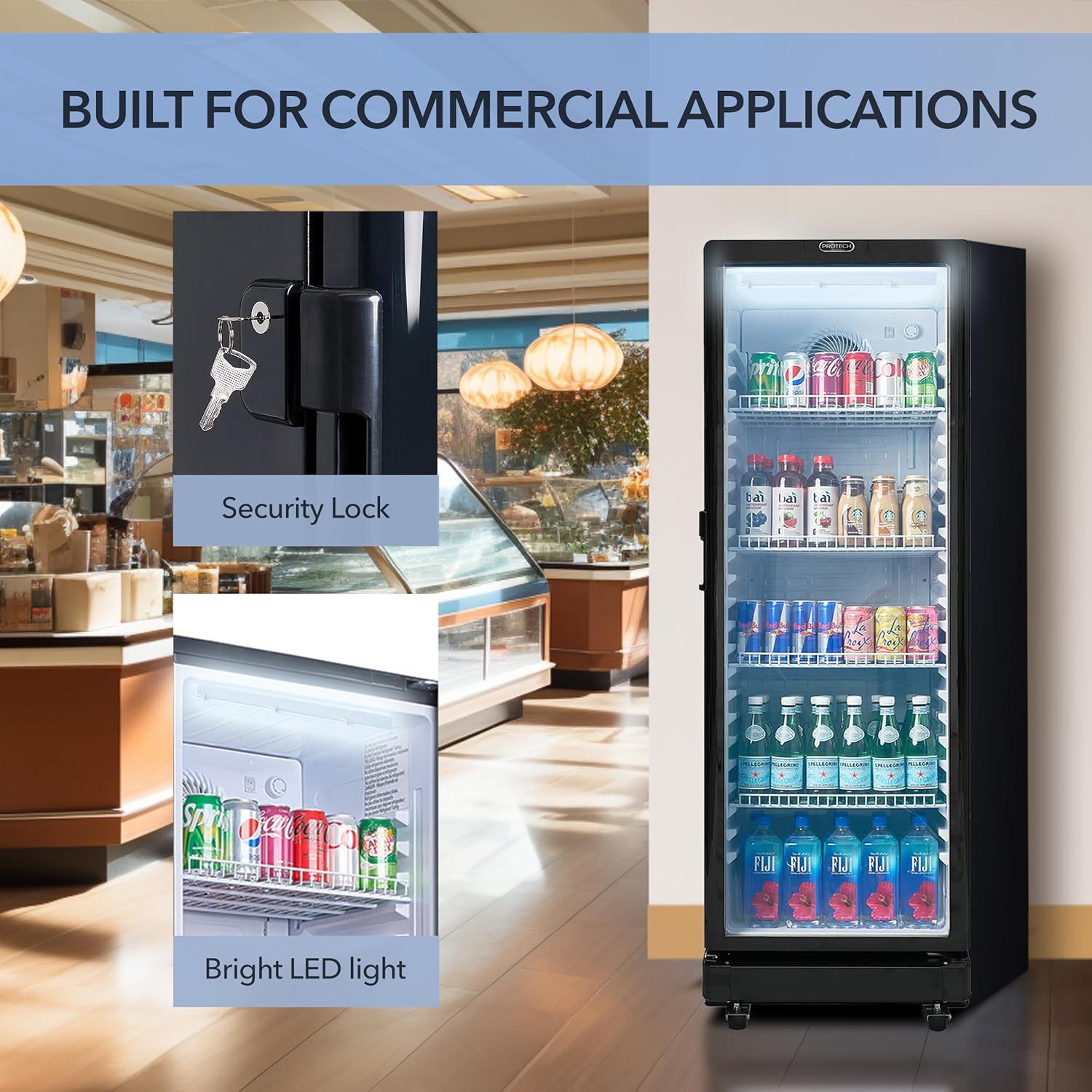 Whynter Commercial Merchandiser Refrigerator 8.5 Cu.Ft Upright Beverage Cooler with Self-Closing Door, 245-Can Display Fridge with Mobility Wheels, CDM-850BW, PROTECH
