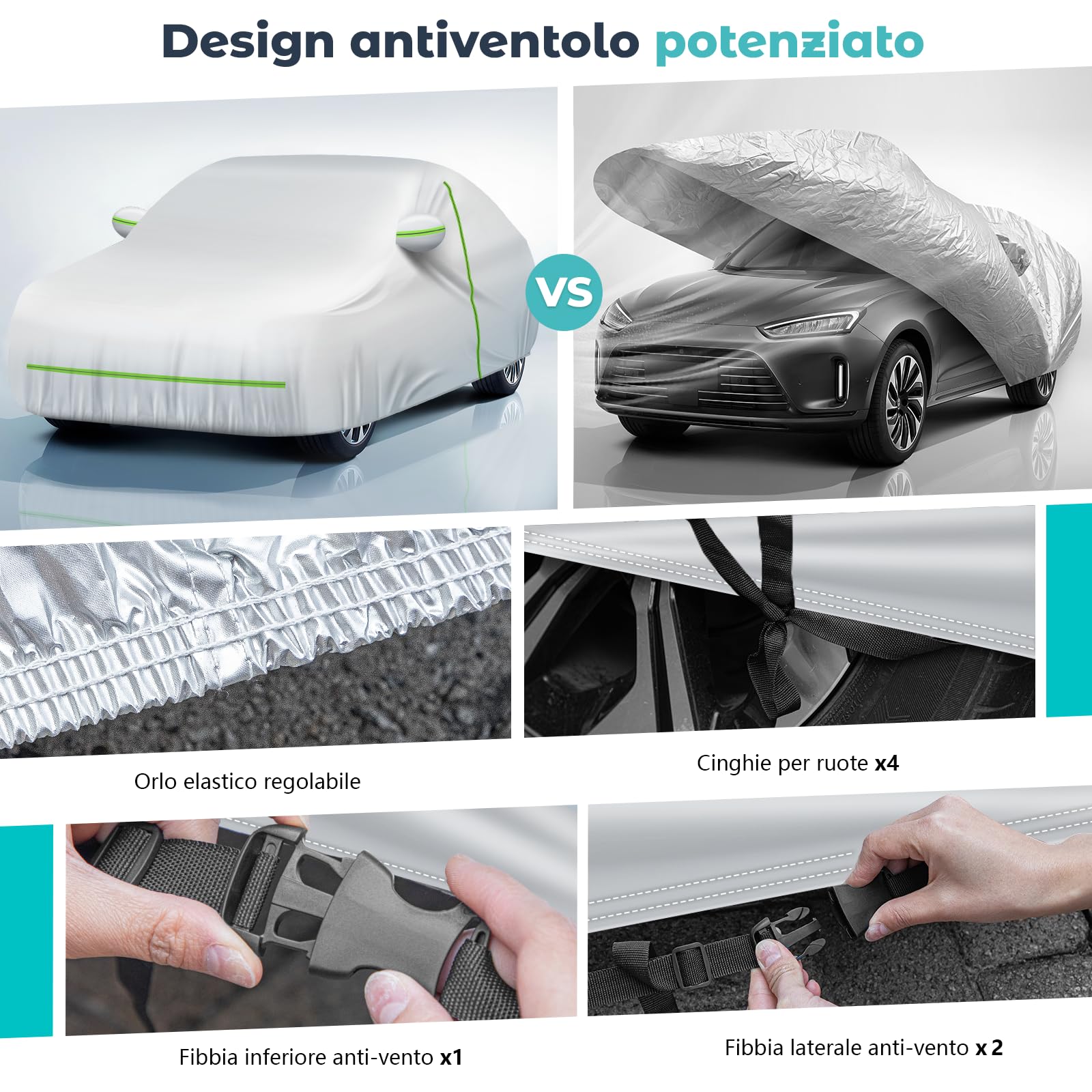Telo Copriauto Impermeabile Anti UV Anti Vento e Antipolvere con Zip Laterale, Telo per Auto 460x185x160 cm Argento per Mid-size Car (Segmento D)