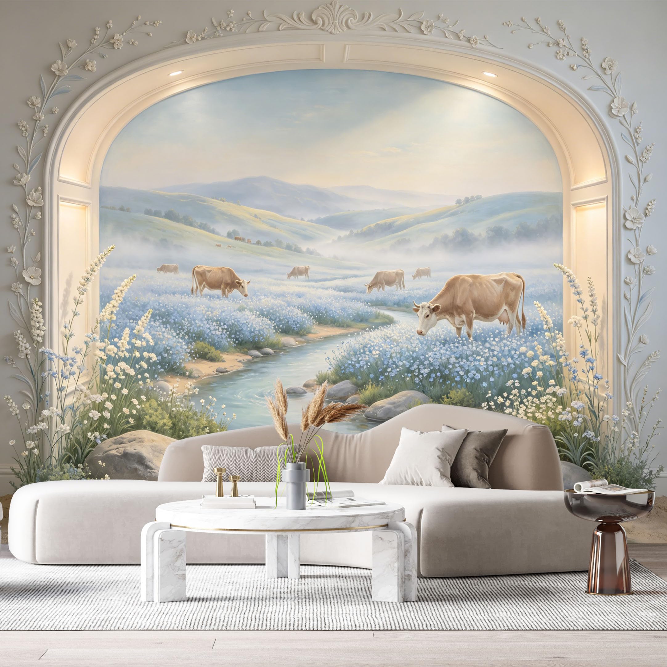 Custom Size Wall Murals Farmhouse Cattle Landscape River Oil Painting 3D Trompe L'Oeil SelfAdhesiveWall Fabric Removable Wallpaper Wall Decor for Living Room Bedroom Bathroom
