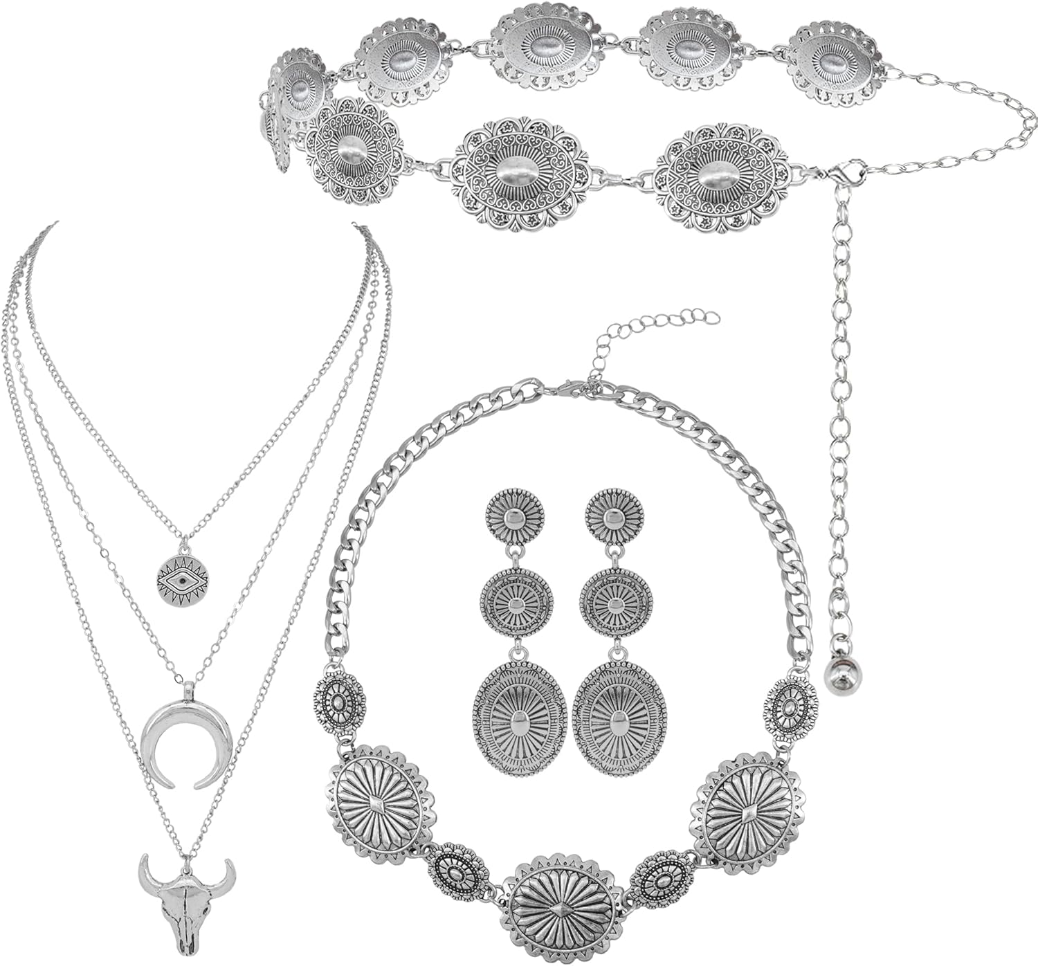 Western Concho Belt Cowgirl Necklace Dangle Earrings Jewelry set for Women Chain Belt