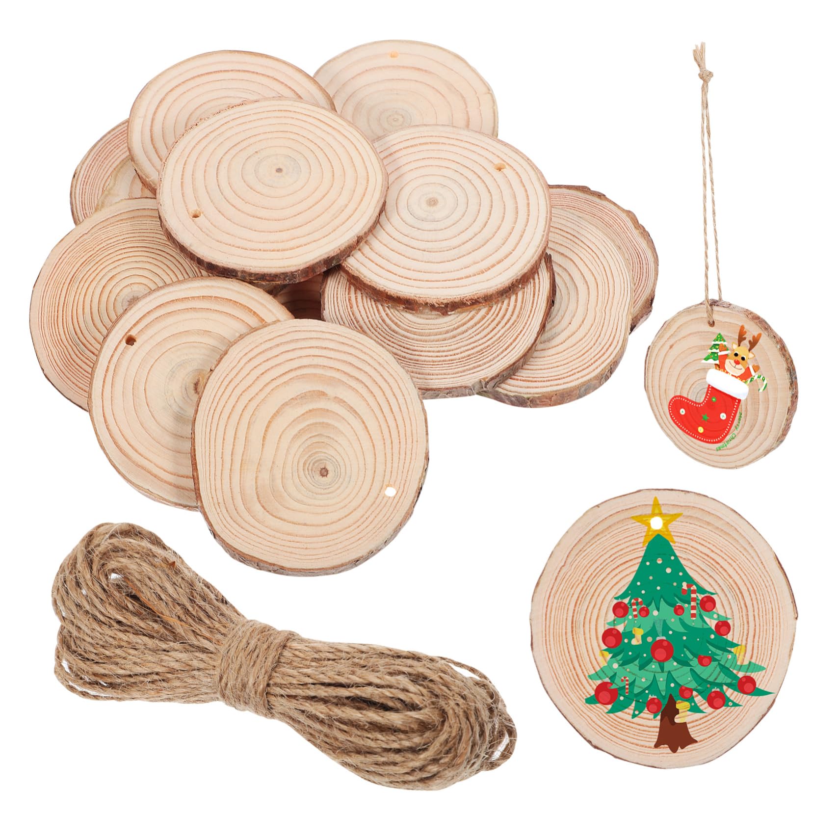 50 Stück Runde Holzscheiben Braun Unbehandelt mit Jutekordel | Holz, Rustikale Natürliche Optik, 7–8cm Format, für Klassenzimmer und Shops