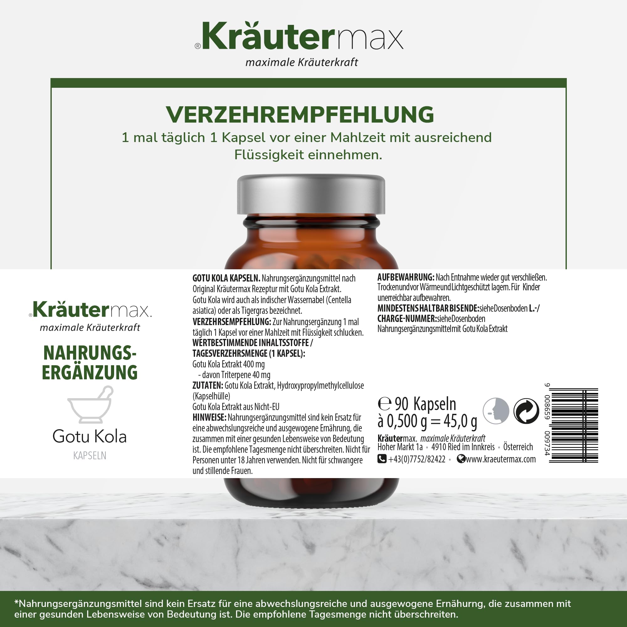 Kräutermax Gotu Kola Kapseln mit Centella Asiatica Extrakt, 90 Stück, 400 mg Gotu Kola Extrakt pro Kapsel, Vegan, Glutenfrei